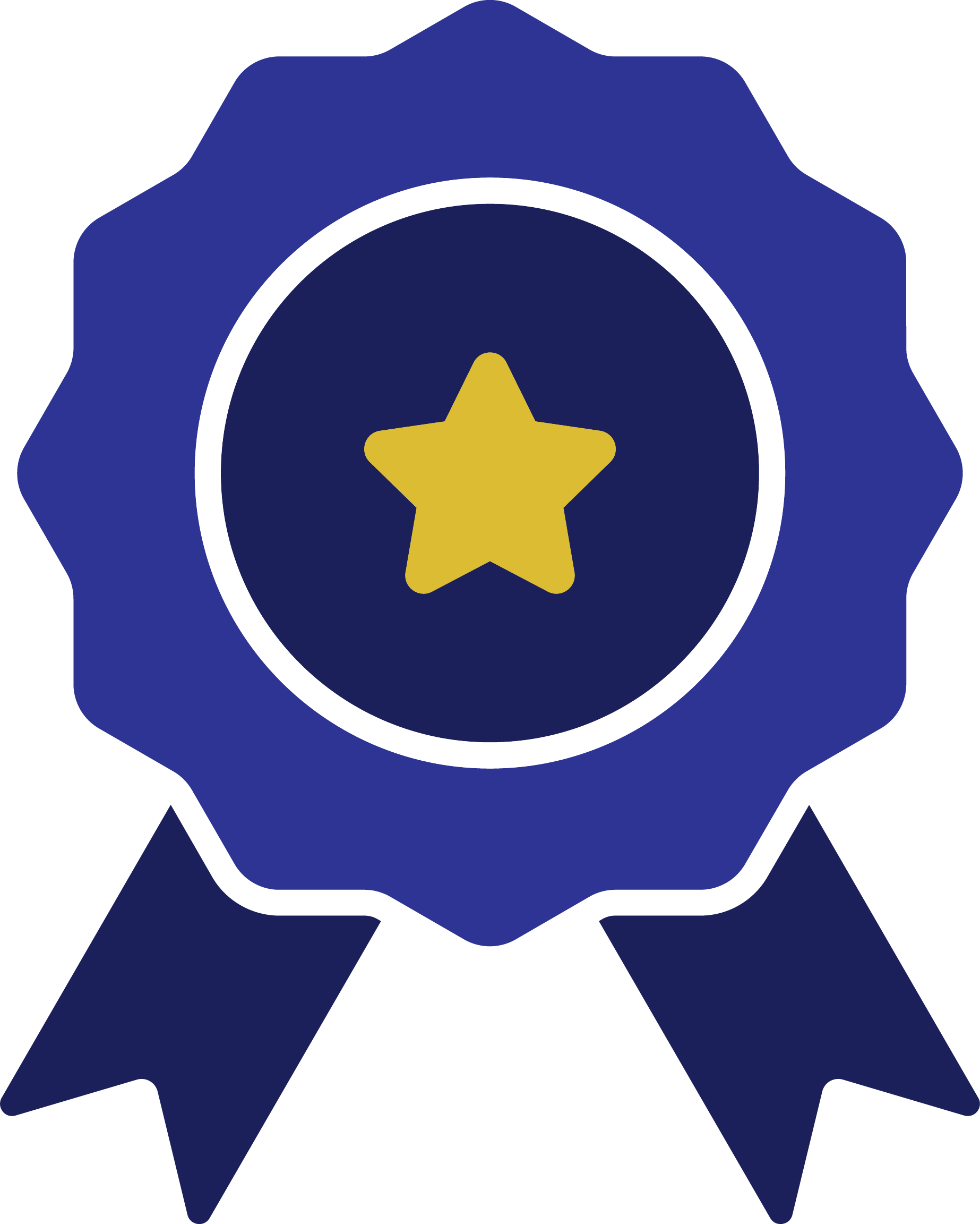 A blue ribbon award with a gold star in the center.
