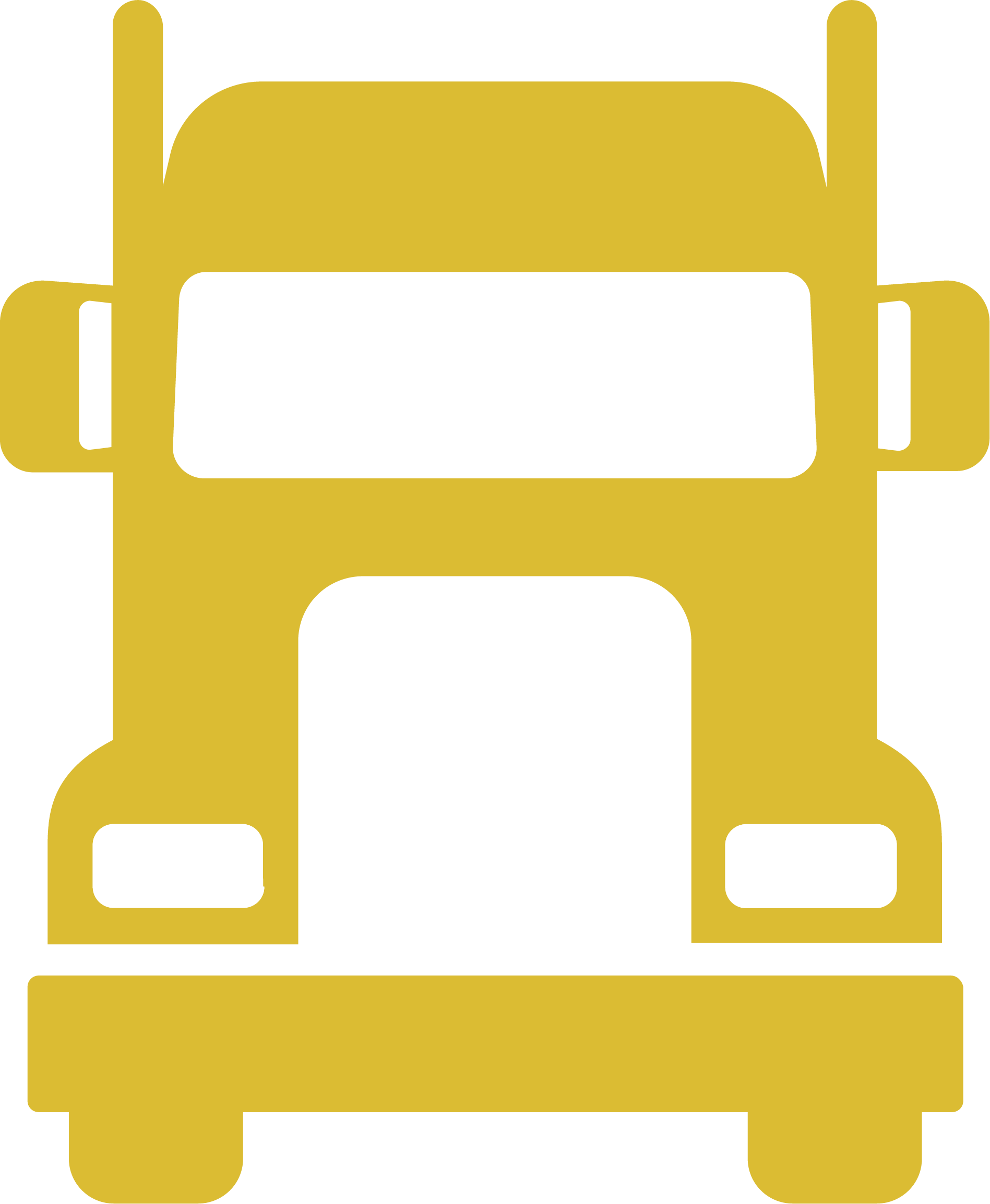 An illustration of a yellow semi truck cab, from the front.