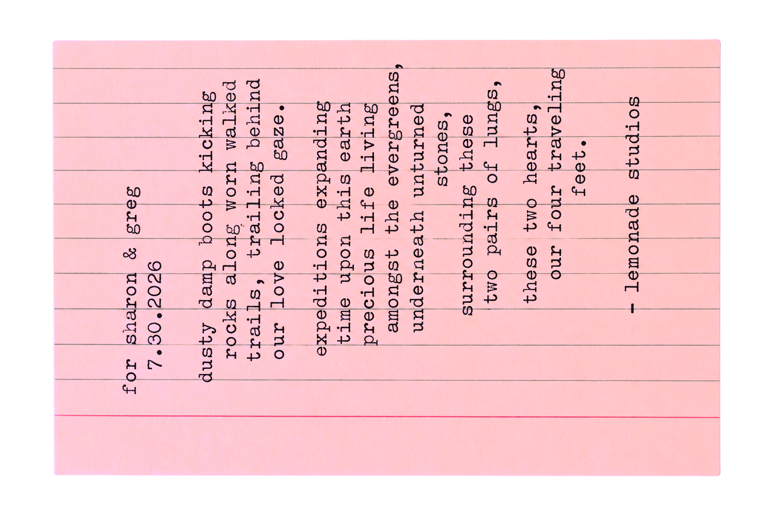 A pink ticket with typewritten text describing a trip from Sharon, for 7:30 on June 30, 2026, involving exploration of the outdoors, ancient ruins, and travel adventure.