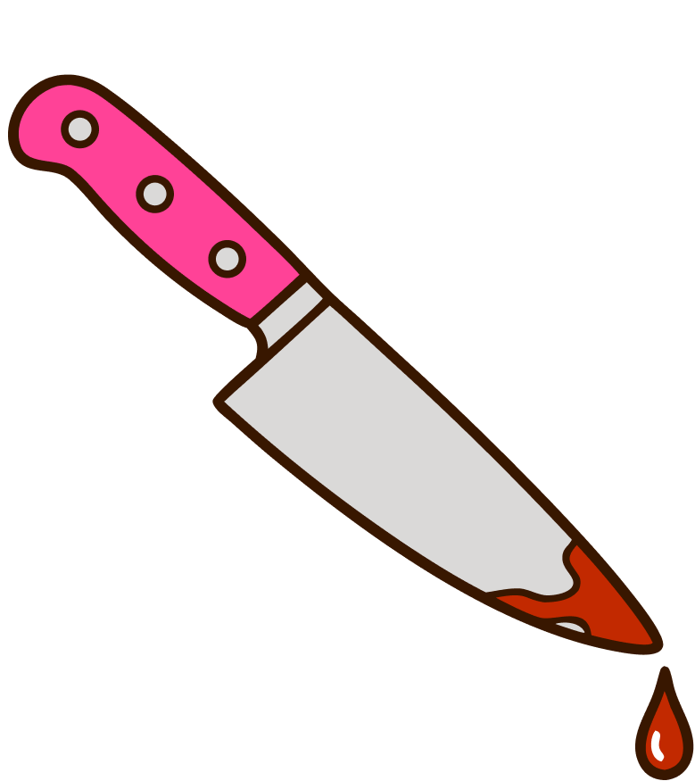 A cartoon illustration of a kitchen knife with a pink handle and a bloodstained blade, with a blood droplet.