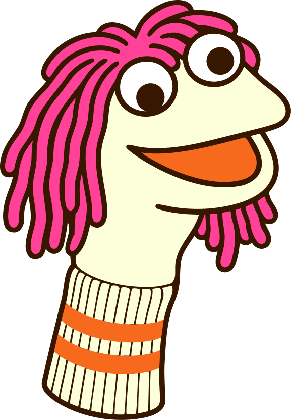 Cartoon sock puppet with pink yarn hair, big googly eyes, a smiling mouth, and wearing a striped sweater.