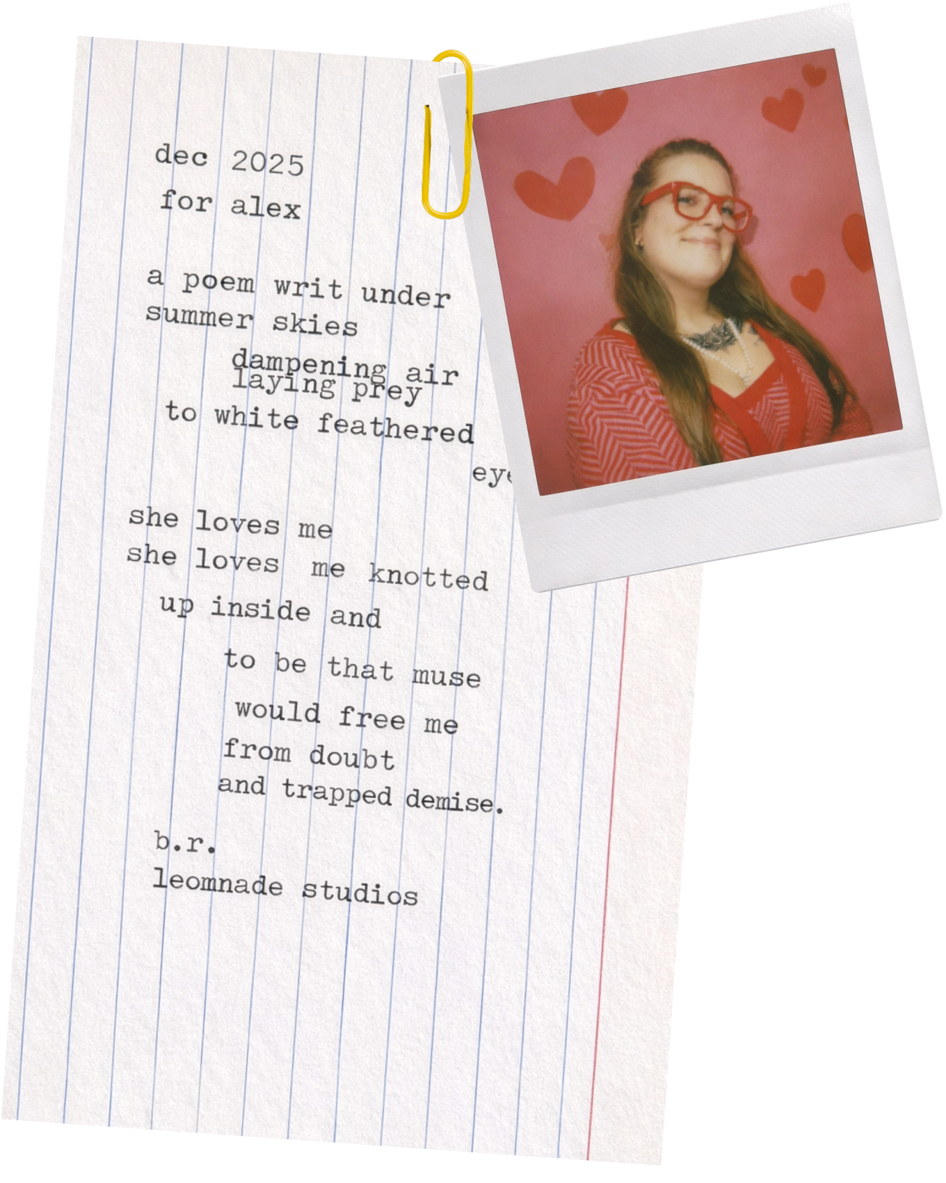 A handwritten poem on lined paper titled 'dec 2025 for alex,' with a Polaroid picture of a woman wearing red glasses and a red and white striped top, against a pink background with red hearts.