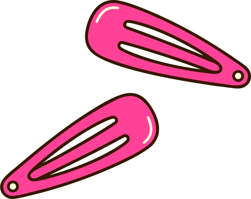 Two pink hair clips with black outlines and small white highlight details.
