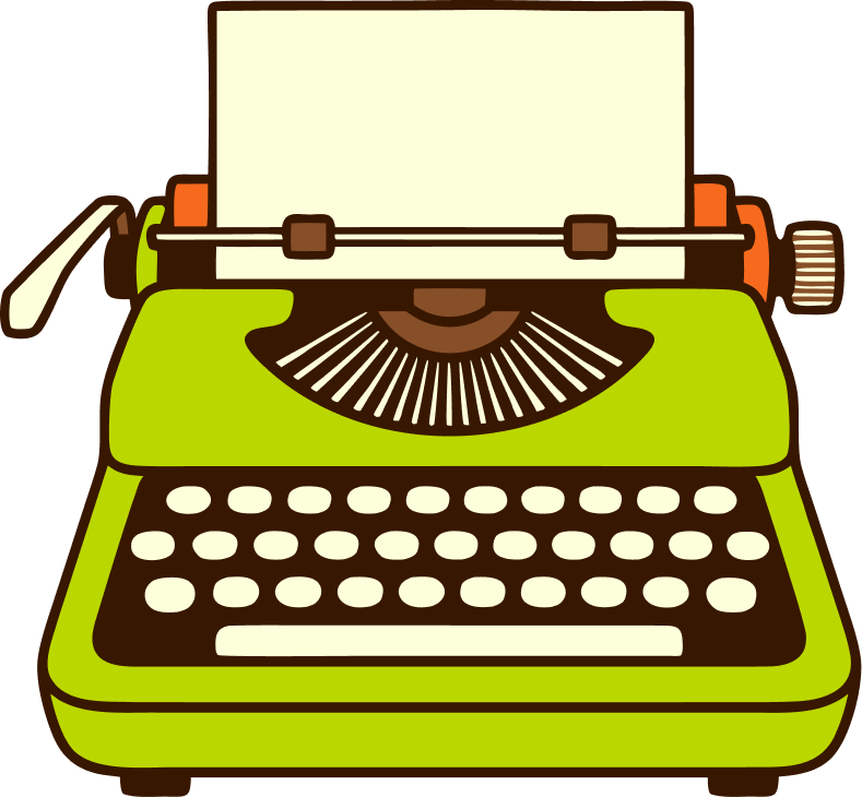 Illustration of a vintage green typewriter with a blank sheet of paper in the roller.