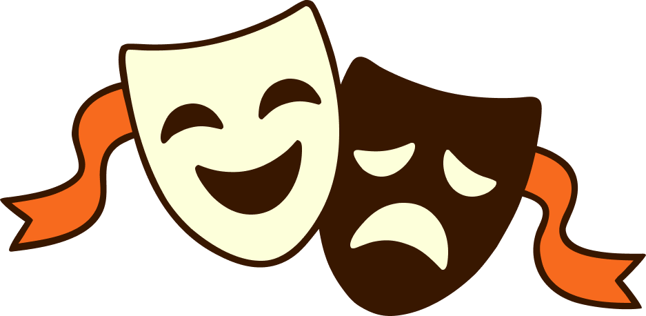 A cartoon illustration of comedy and tragedy masks, with one smiling and one frowning, with orange ribbons attached to each mask.