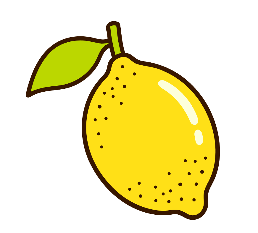 A digital illustration of a yellow lemon with a green leaf attached to its stem.