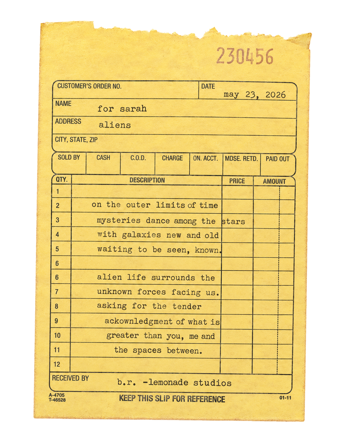 A yellow receipt from lemonade studios, dated May 23, 2026, addressed to Sarah with the words 'aliens' as the address, listing a poetic description of extraterrestrial themes.