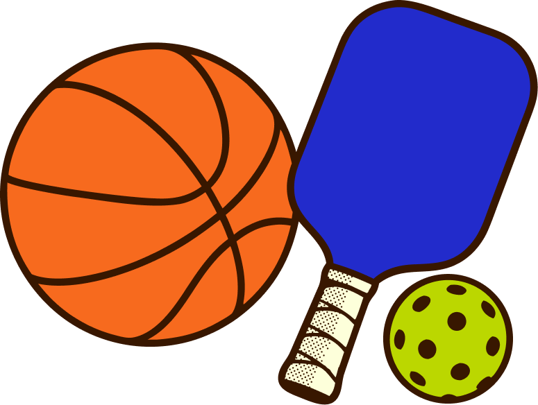Illustration of a basketball, a pickleball paddle with a blue surface and white handle, and a green whiffle ball with black dots.