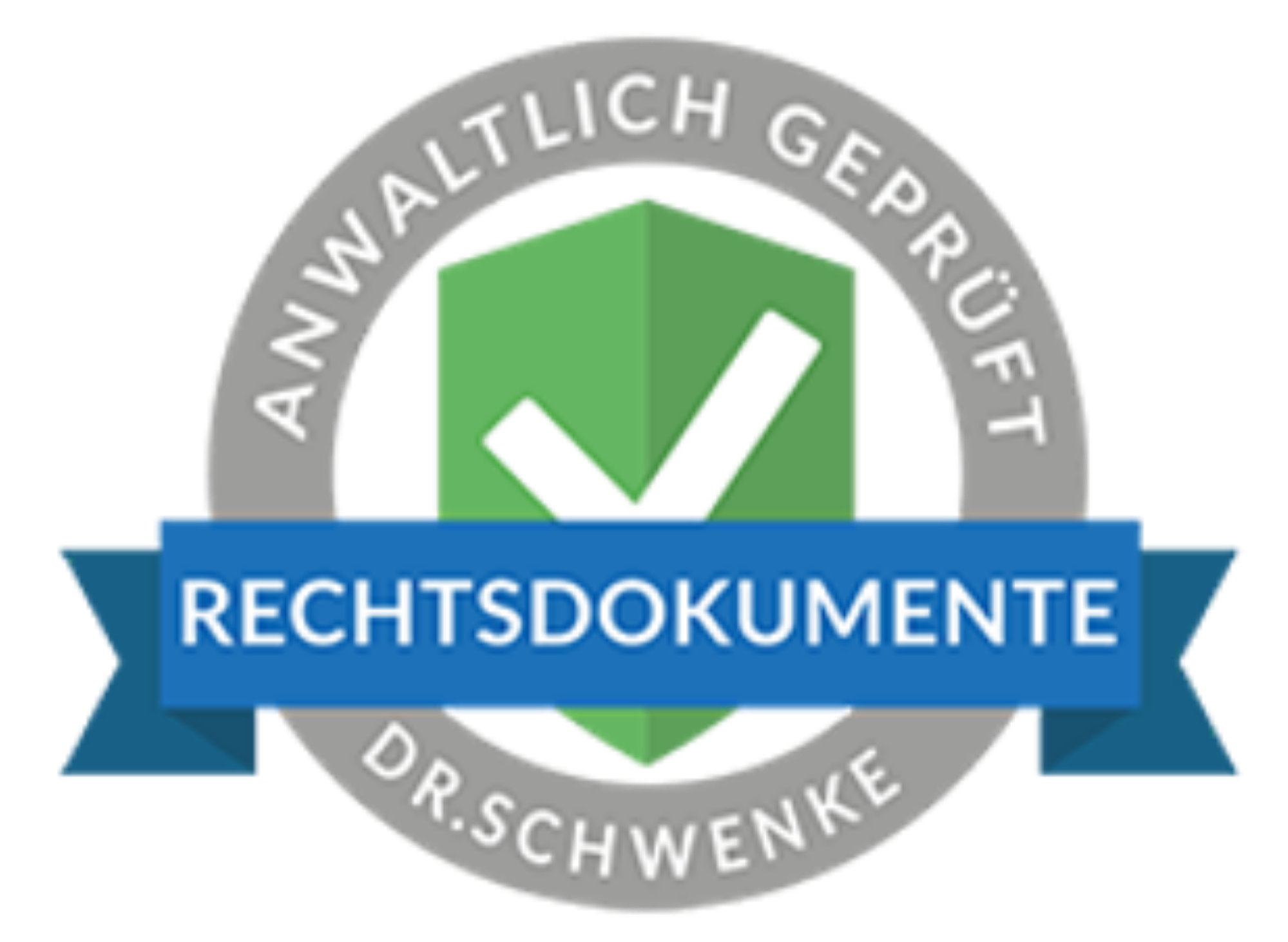 Ein runder Qualitätsstempel mit einem grünen Häkchen in der Mitte, darüber der Text "WALTLICH GEPRÜFT" und darunter eine blaue Schleife mit dem Text "RECHTSDOKUMENTE".