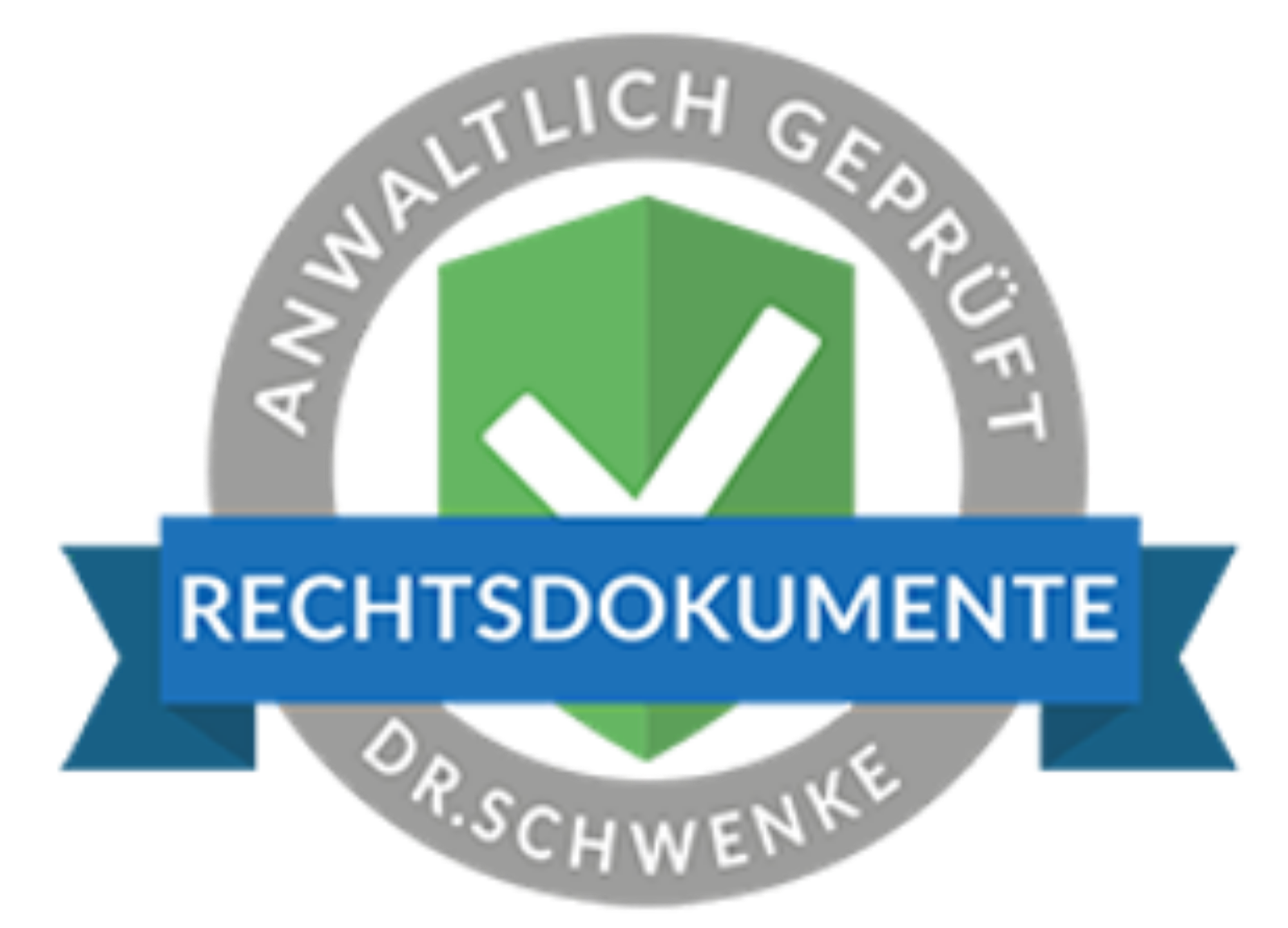 Siegel mit grüner Häkchenmarkierung, silbernem Rand, blauer Schleife, Text 'Rechtsdokumente' und einem blauen Banner darunter, das eine deutsche Organisation oder Zertifizierung anzeigt.