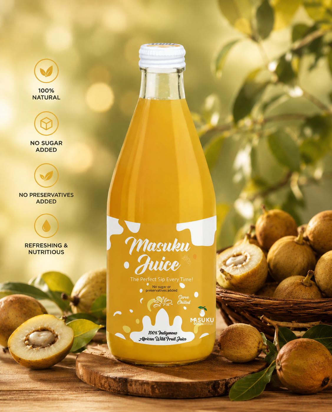 Bottle of Masuku Juice with fresh wild fruit around it on a wooden surface, outdoors.