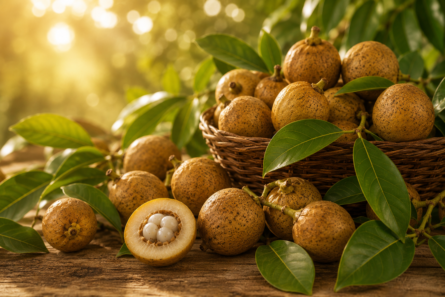 Basket of ripe nashi pears with one sliced open showing white seeds, on a wooden surface with green leaves and warm sunlight background.