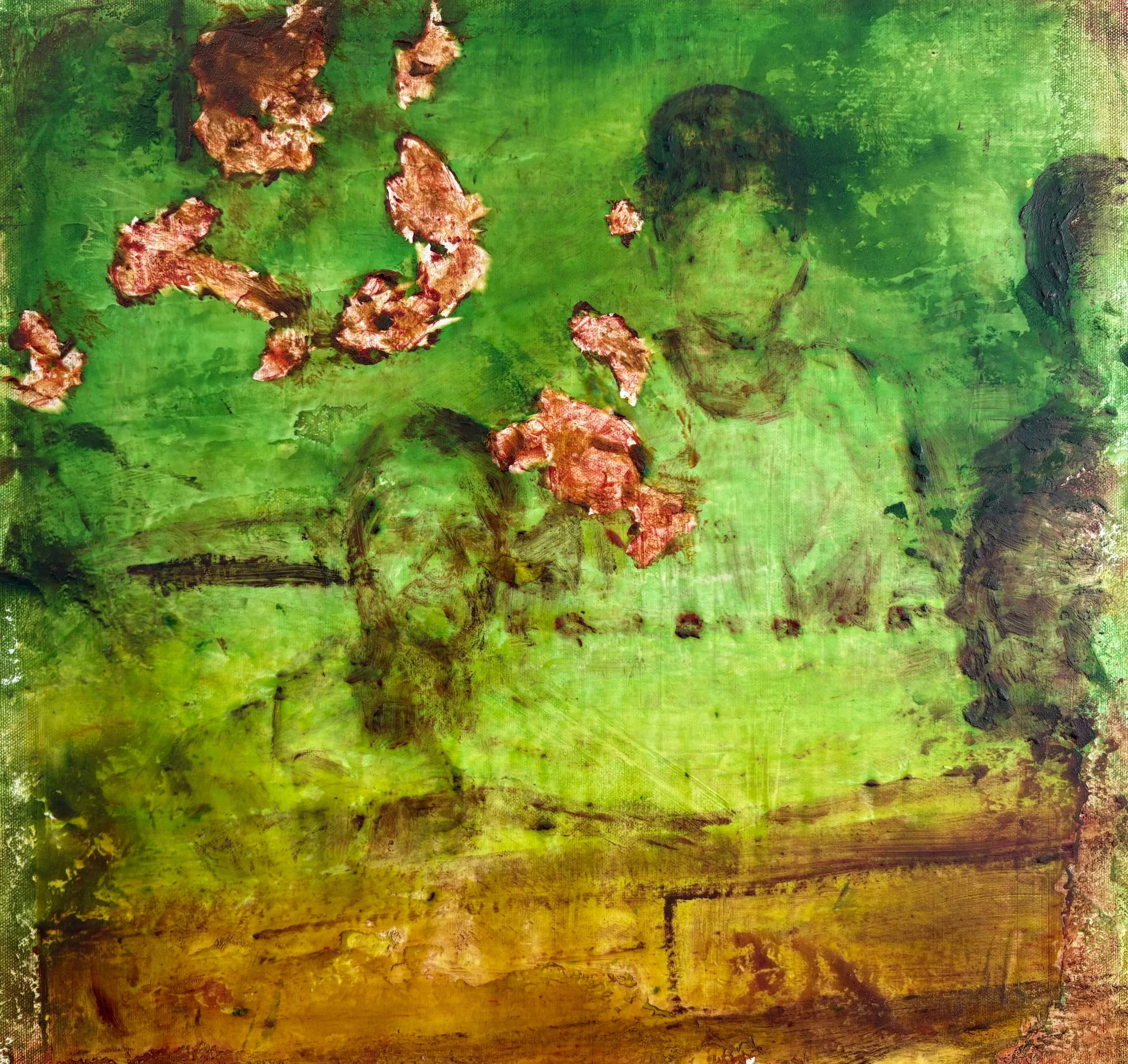 Painting with green, yellow, brown, and red hues with textured brush strokes.