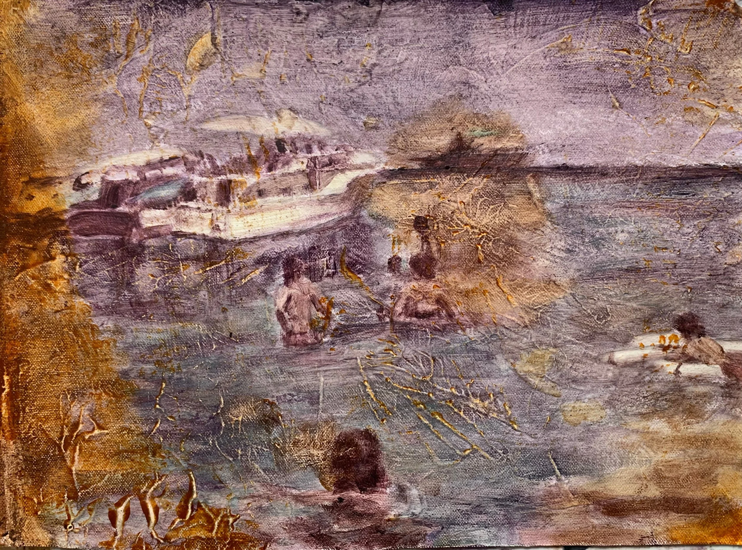 A painting with purple, yellow and brown tones, featuring textured brushstrokes.