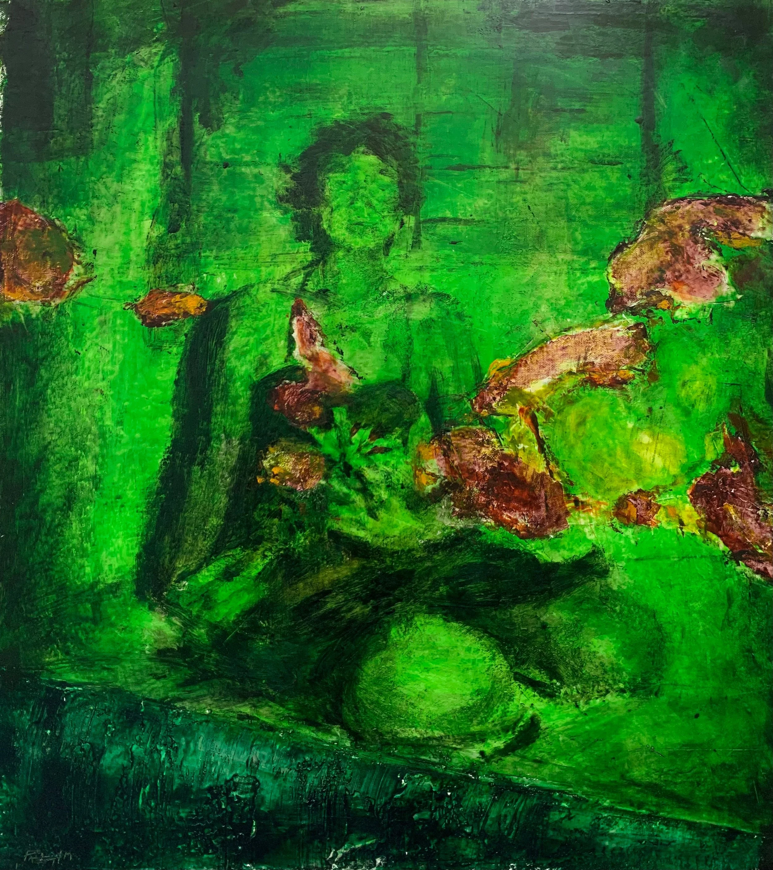 A painting with dominant shades of green, black, and hints of brown and yellow with a portrait of a woman at its center.