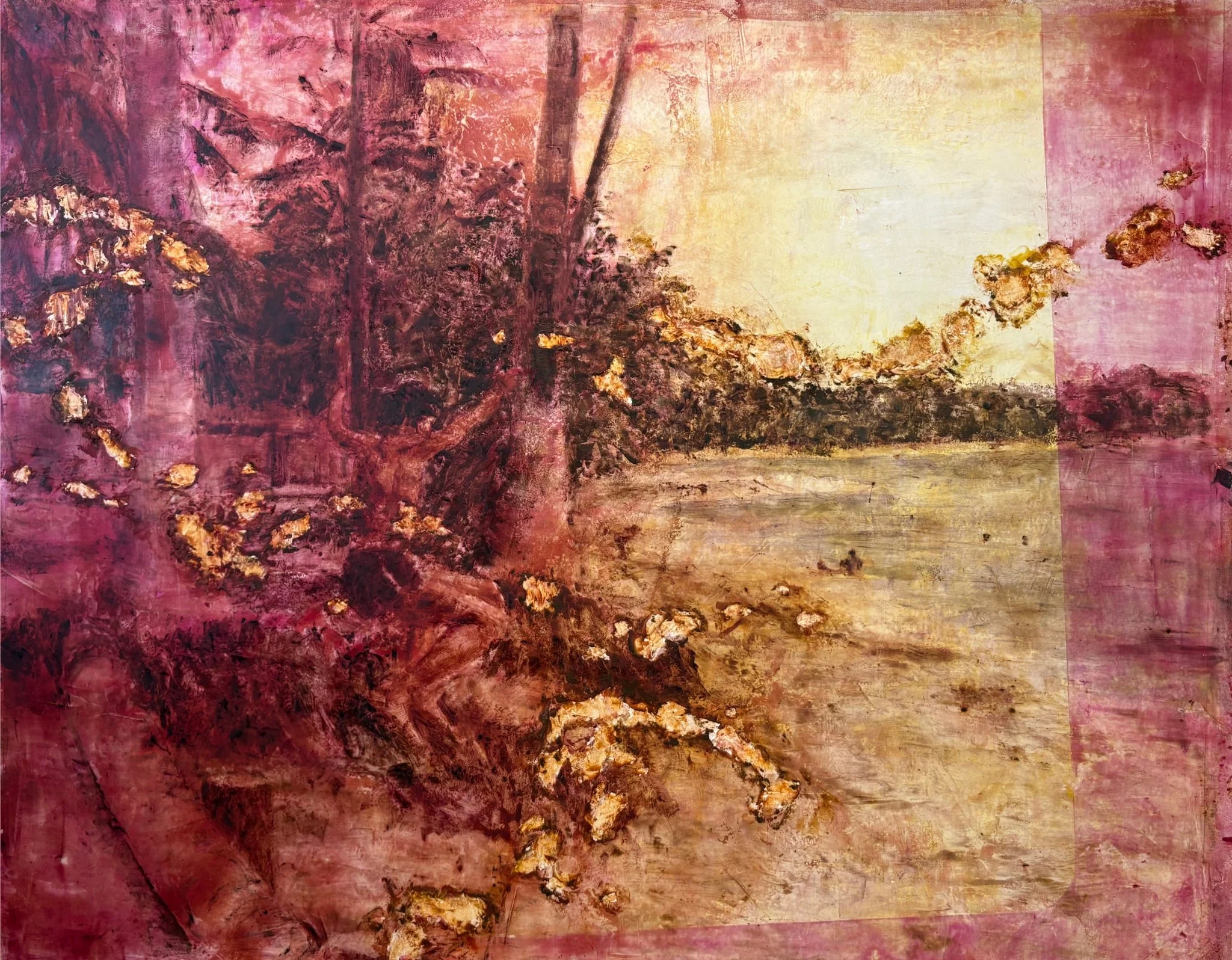 Painting with pink, red, yellow, and cream colors, blending together with textured strokes.
