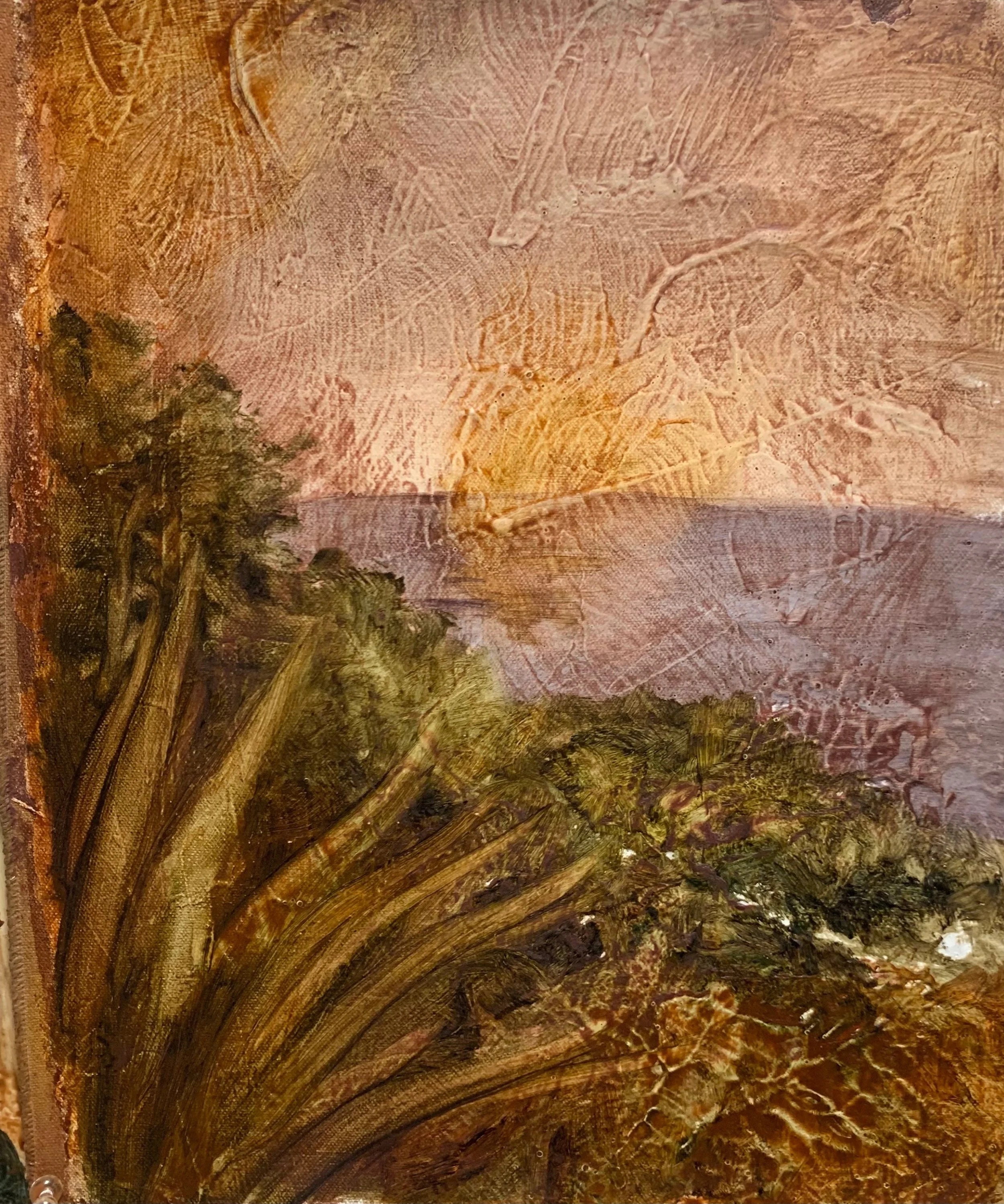 Painting with swirling patterns in shades of brown, yellow and green.