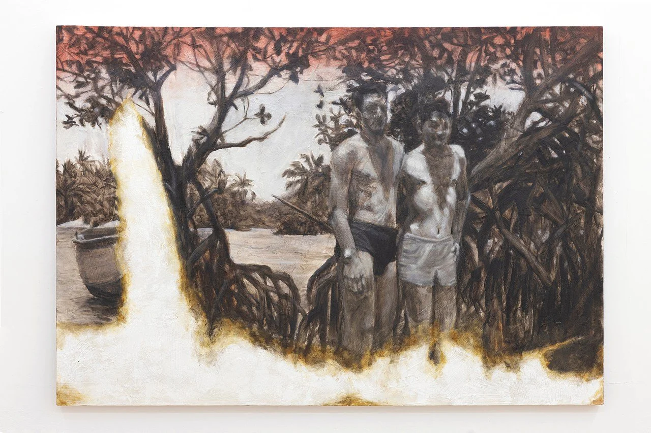 A painting of two shirtless young men in shorts standing outdoors among mangroves, with a boat in the background.