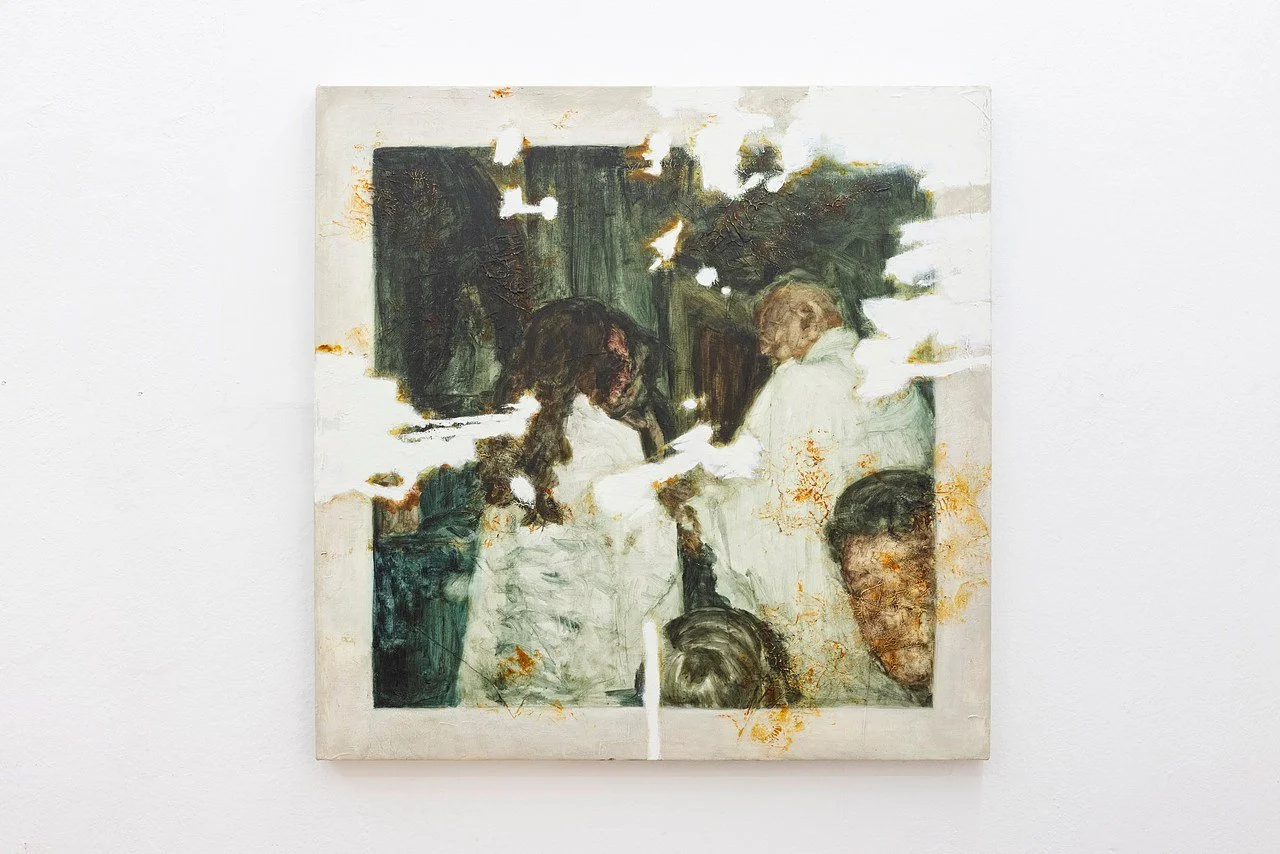 A painting of several people gathered together in a baptism, with a focus on their faces and upper bodies, in muted colors with hints of gold.