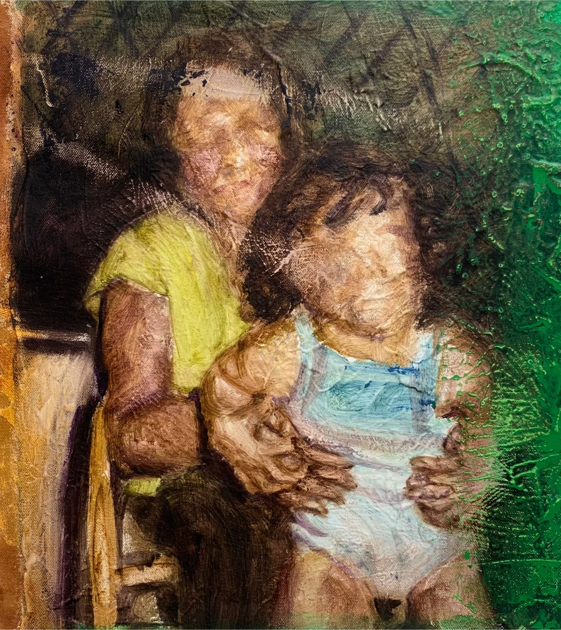 Textured painting showing a woman with dark hair holding a child.