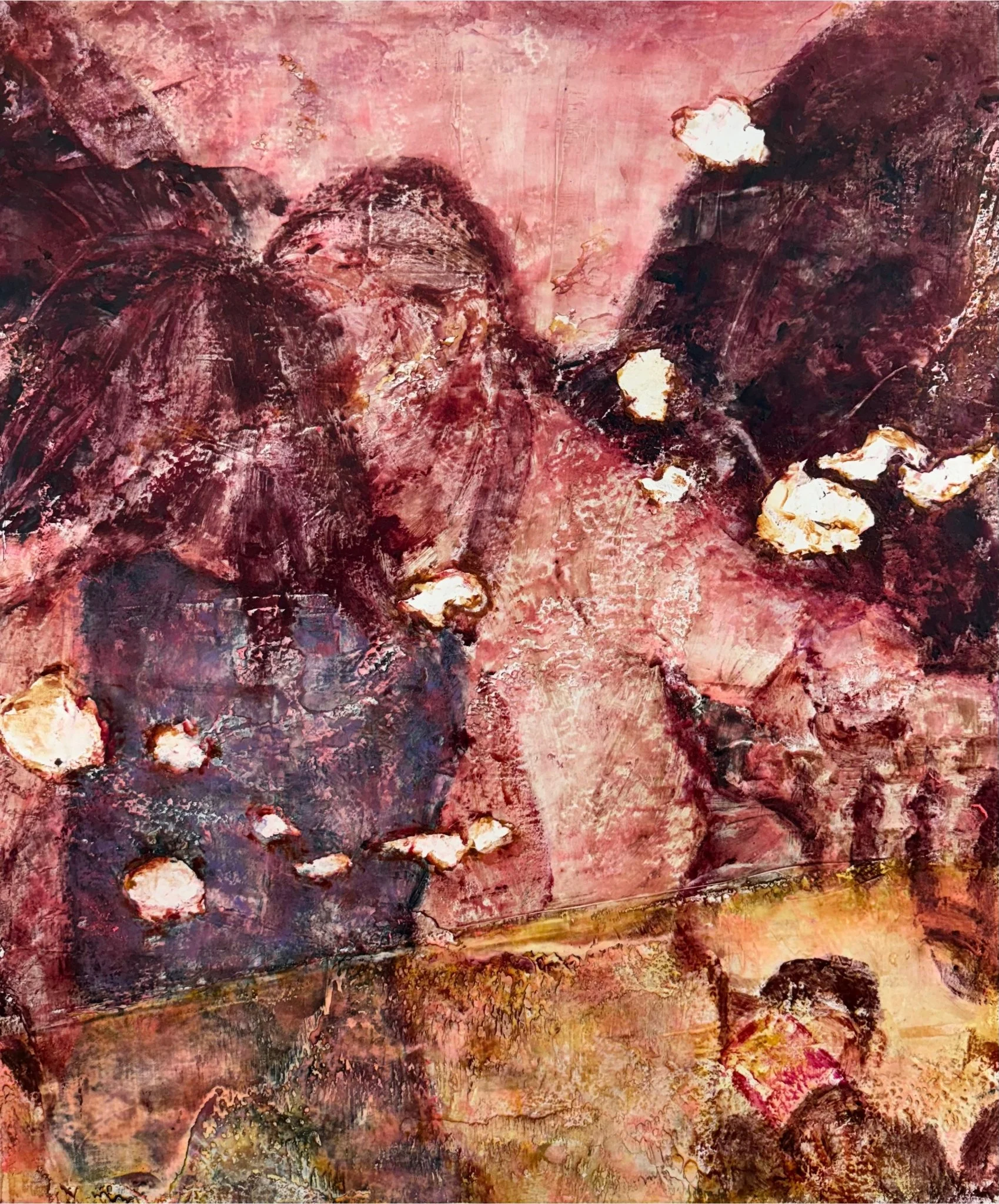 Painting with shades of red, pink, black, white, and yellow, featuring textured and layered brushstrokes.