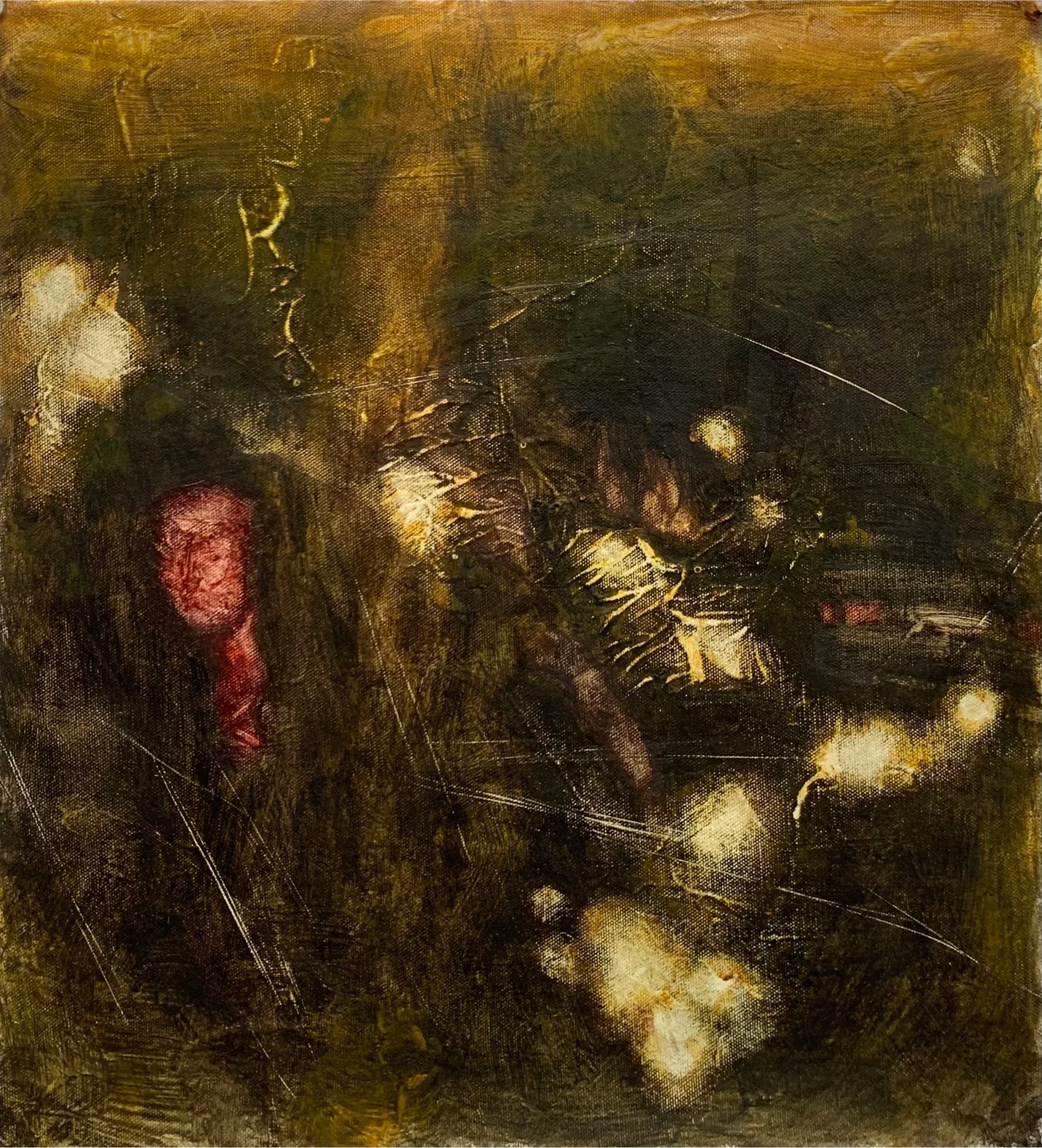 Dark textured painting with patches of yellow, white and red.