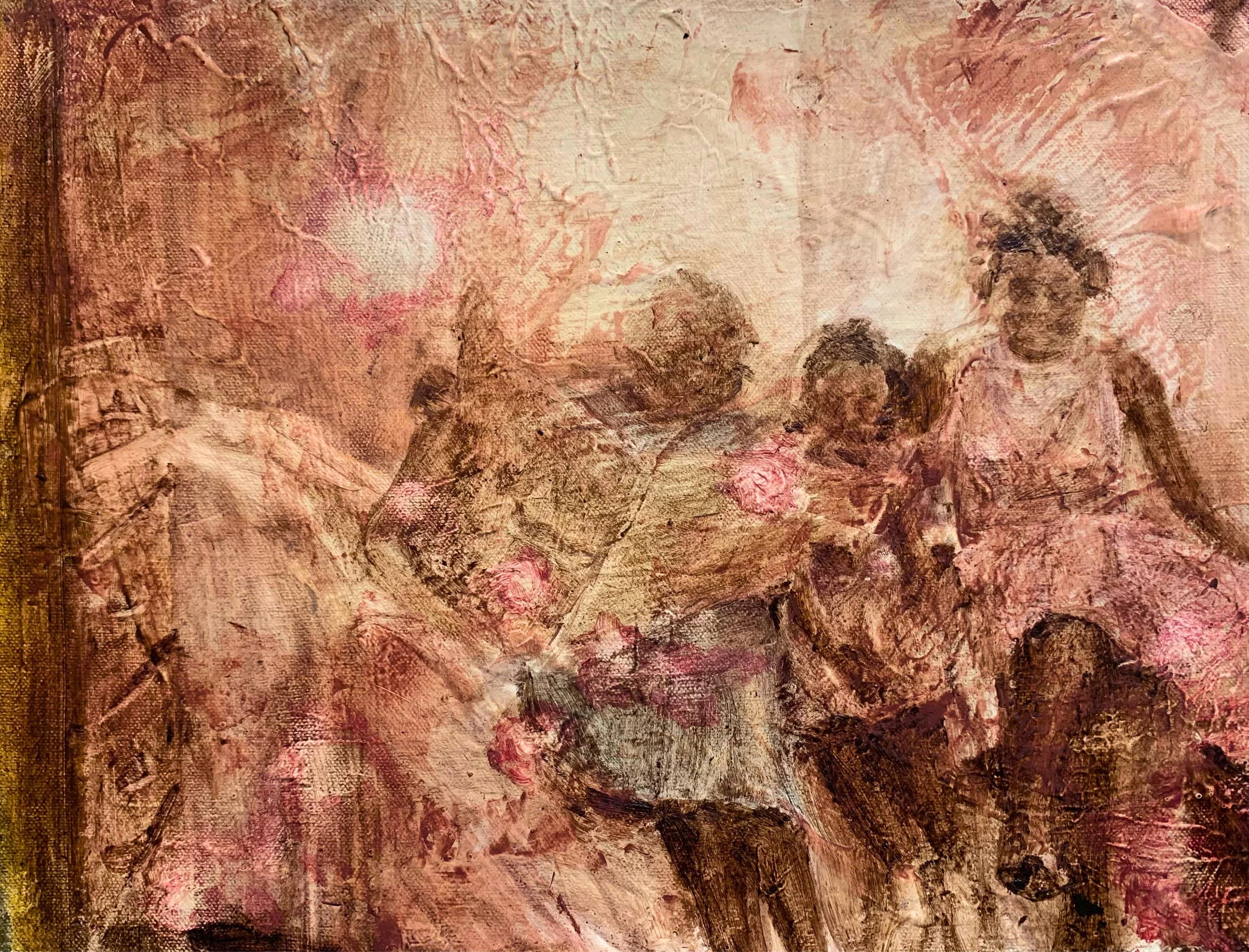 Textured, pinkish-brown painting with two young girls.