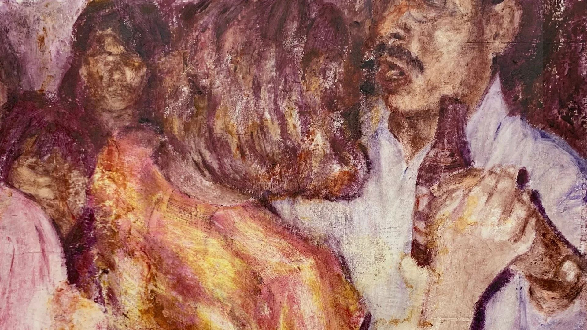 Painting of two people dancing in warm tones of pink, purple and yellow.