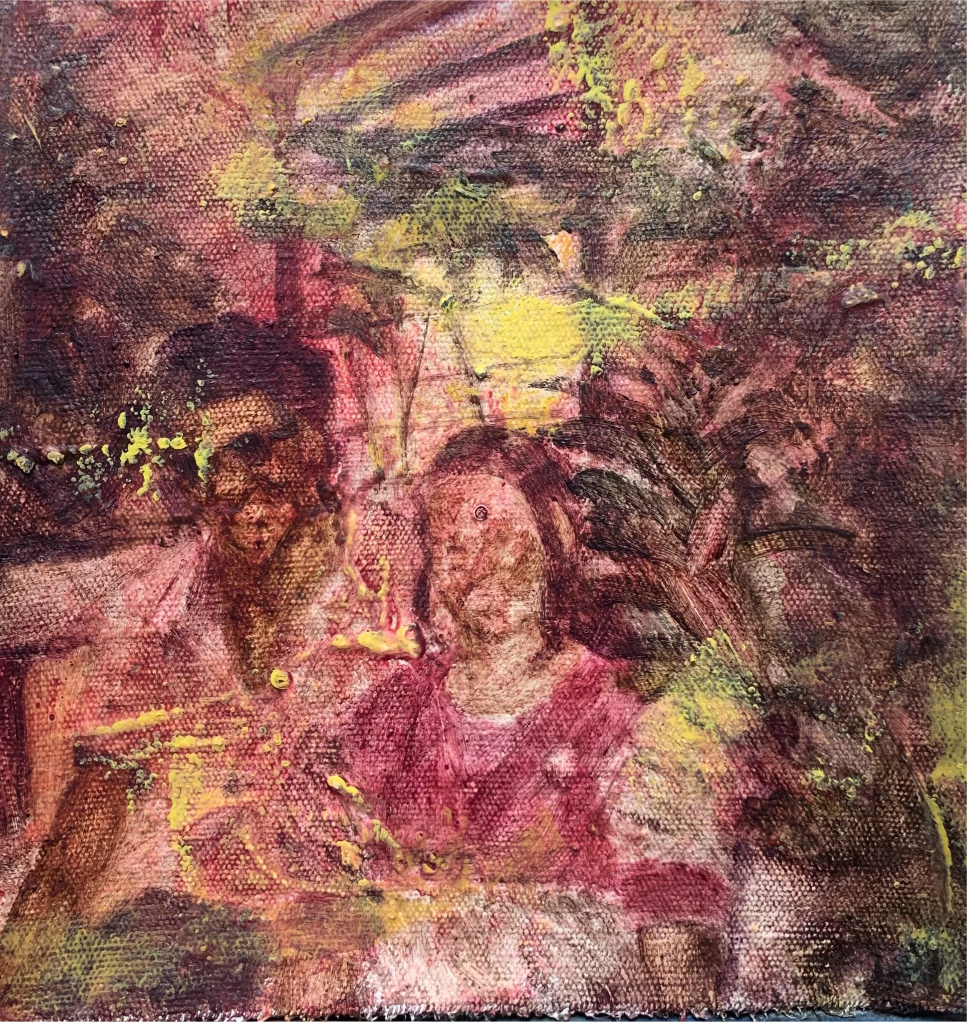 Painting featuring textured surface with pink, red, yellow, black, and purple colors, with splatters and brushstrokes.
