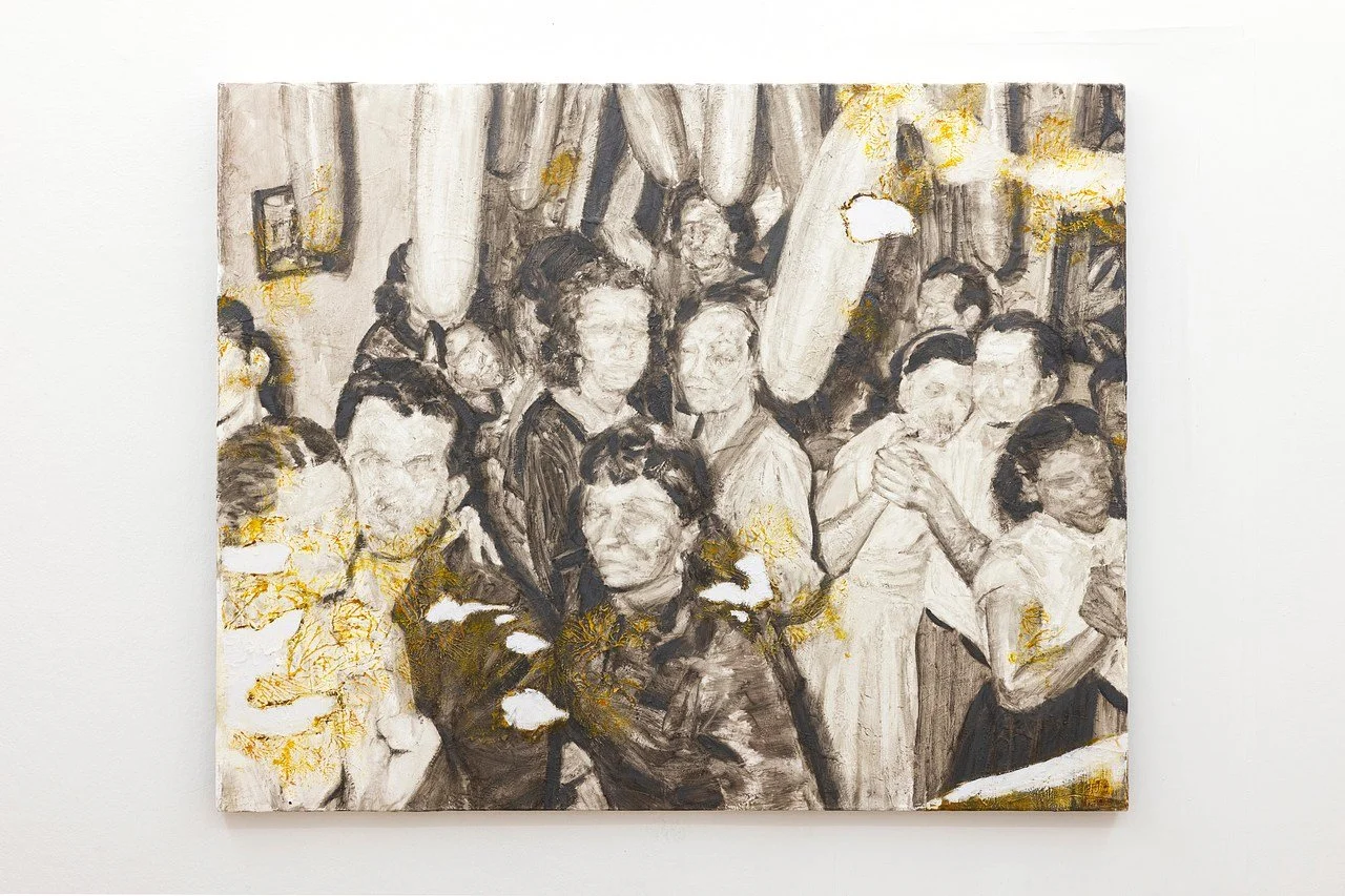 A painting of a group of people dancing together at a gathering.