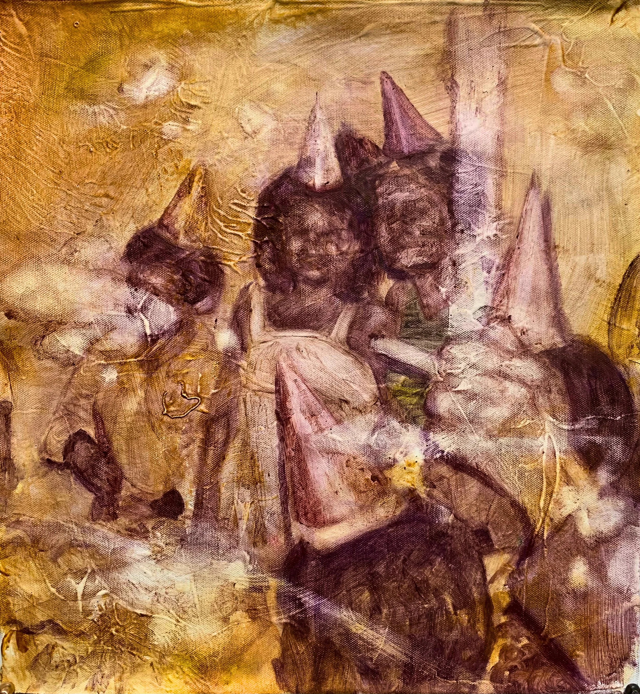 Painting with earthy tones of yellow, brown and purple, featuring textured brushstrokes. A hand holding a cigarette is placed right above three children wearing birthday hats.