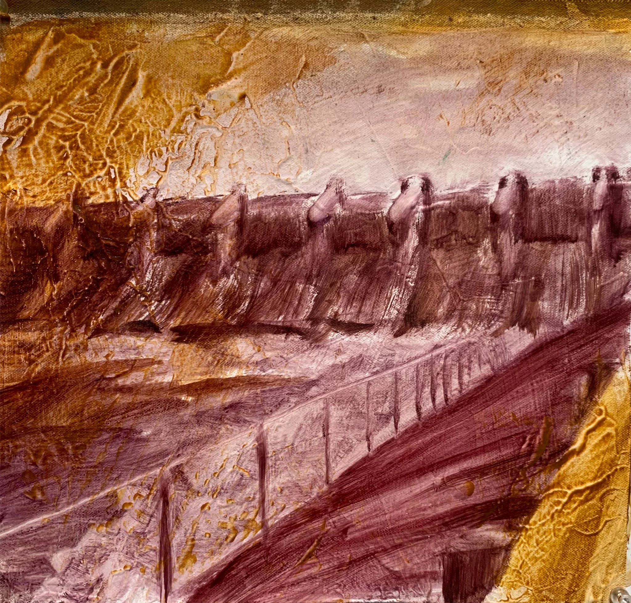 Textured painting with swirls of yellow, pink, and brown colors and layered, textured brushstrokes.
