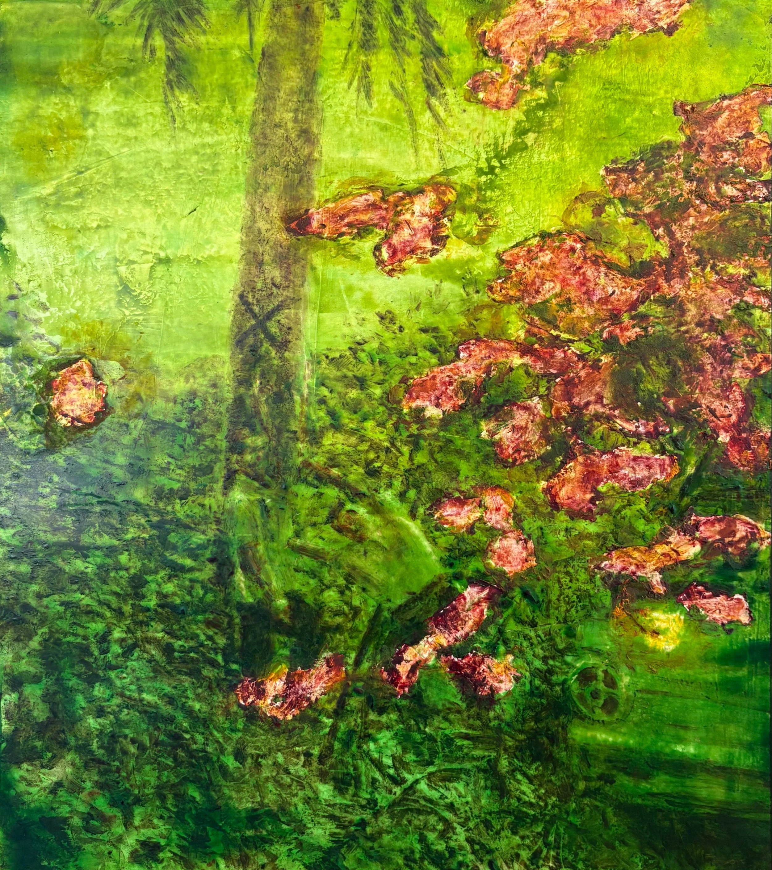 Painting with green, yellow, brown, and red hues with textured brush strokes.