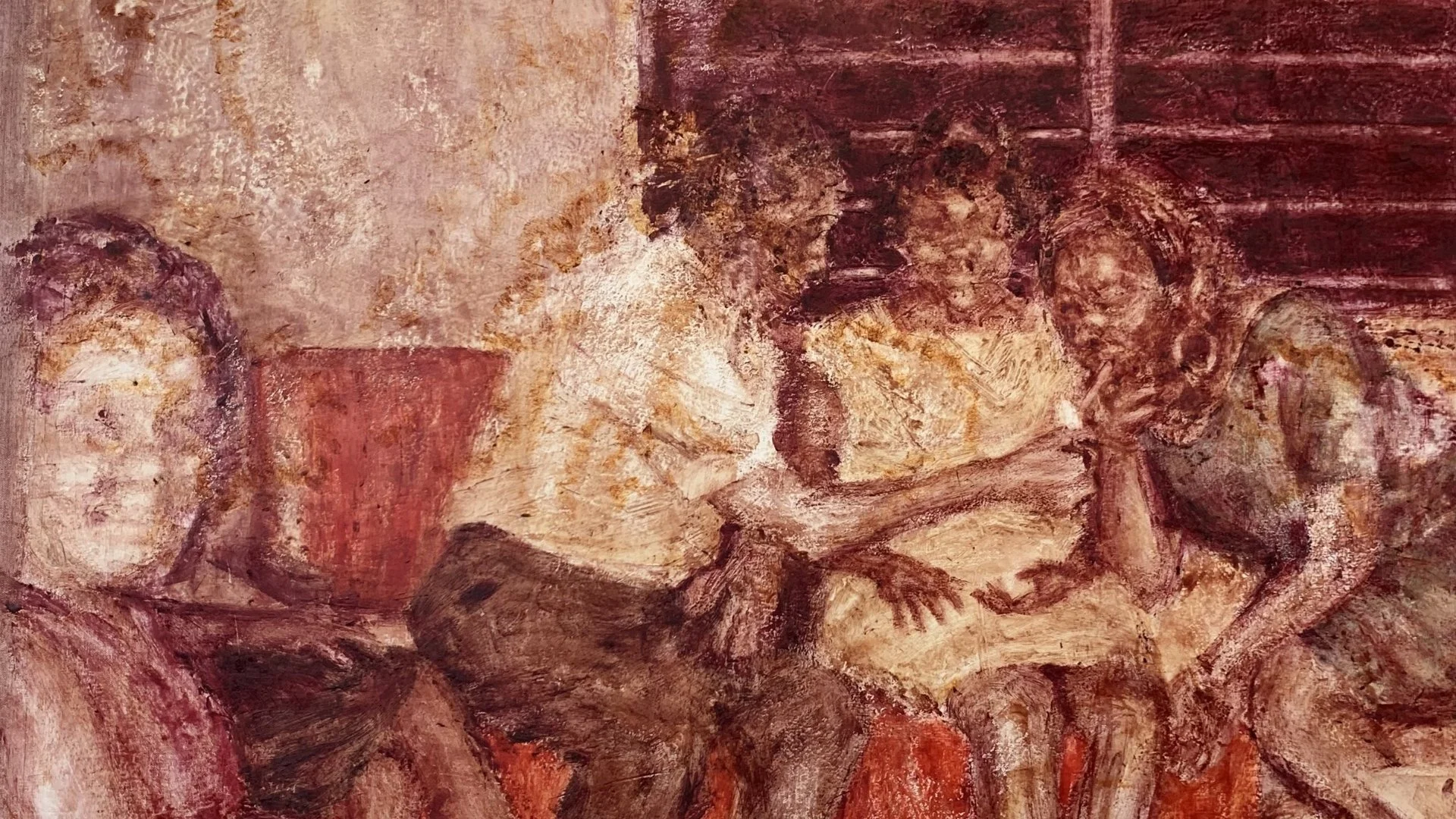 Painting of three people in conversation while a fourth seems to look directly at us in earthly tones.