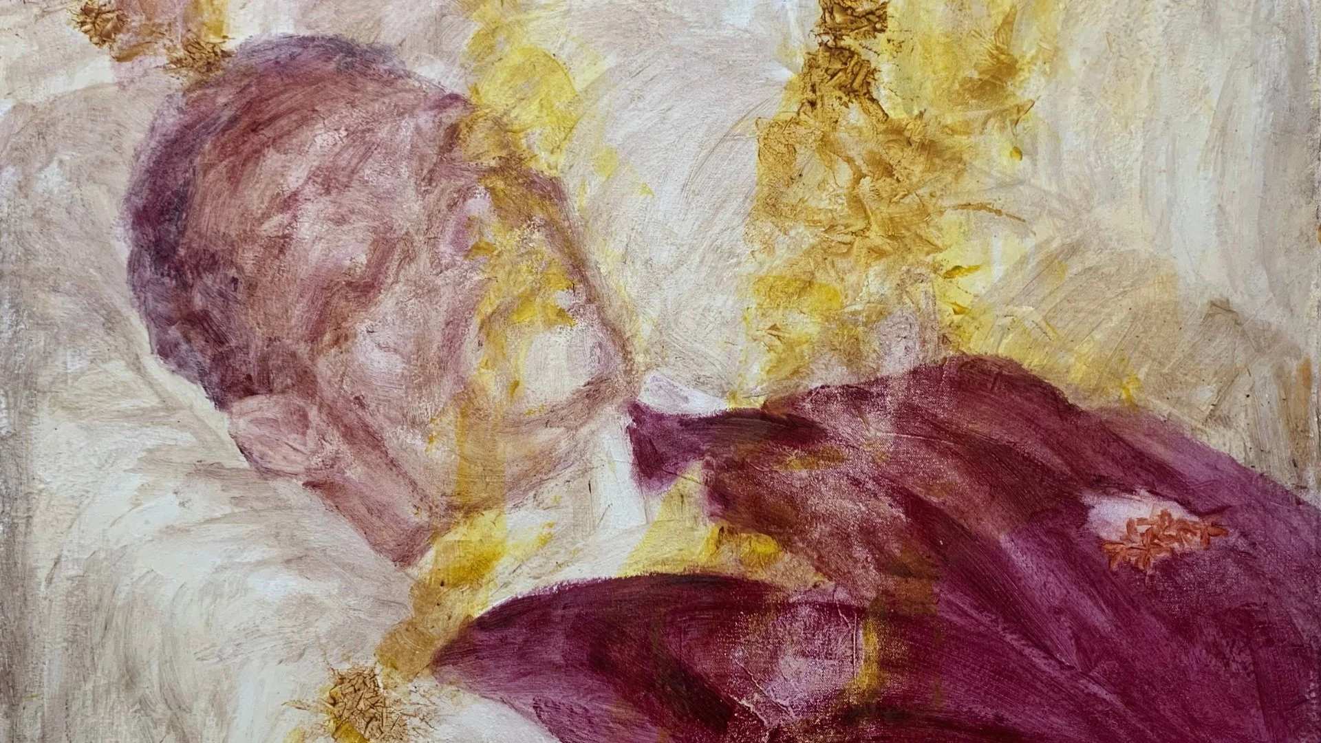 Painting featuring a blurred figure with shades of white, pink, yellow and maroon.
