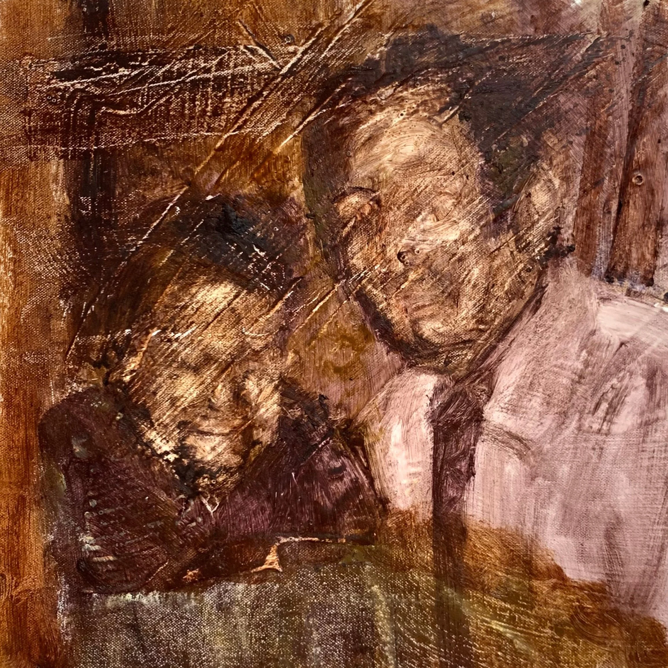 Painting with textured brushstrokes in shades of brown, black, and white.