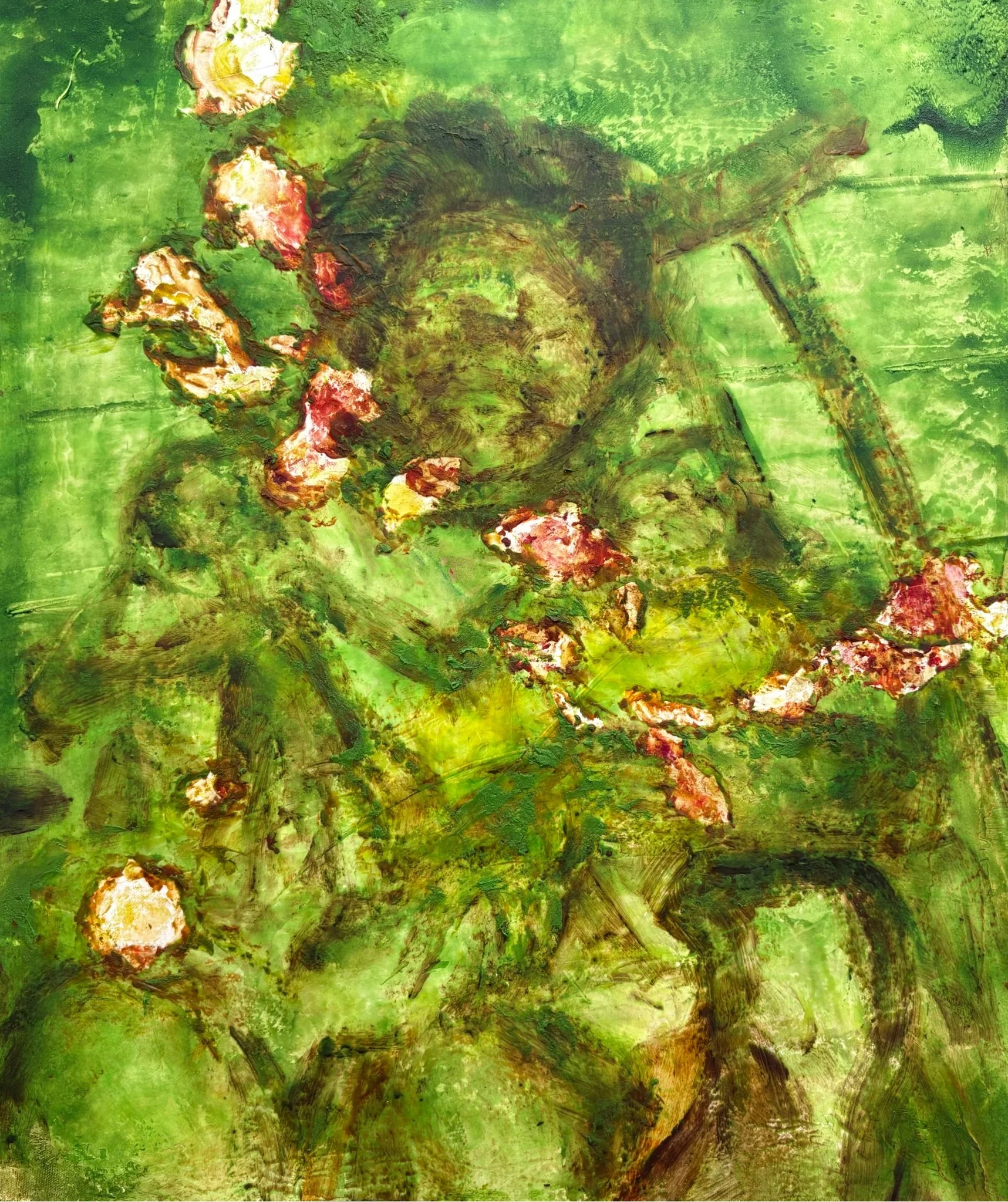 A painting with dominant shades of green, black, and hints of brown and yellow with a portrait of a woman at its center.