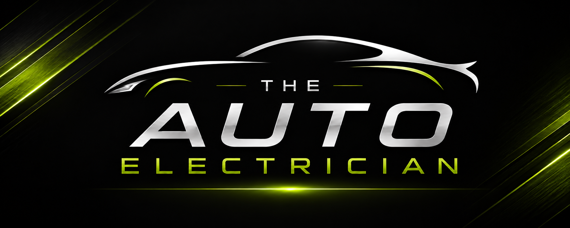 A stylized black and silver outline of a car above the text 'THE AUTO ELECTRICIAN' with green light streaks and accents.
