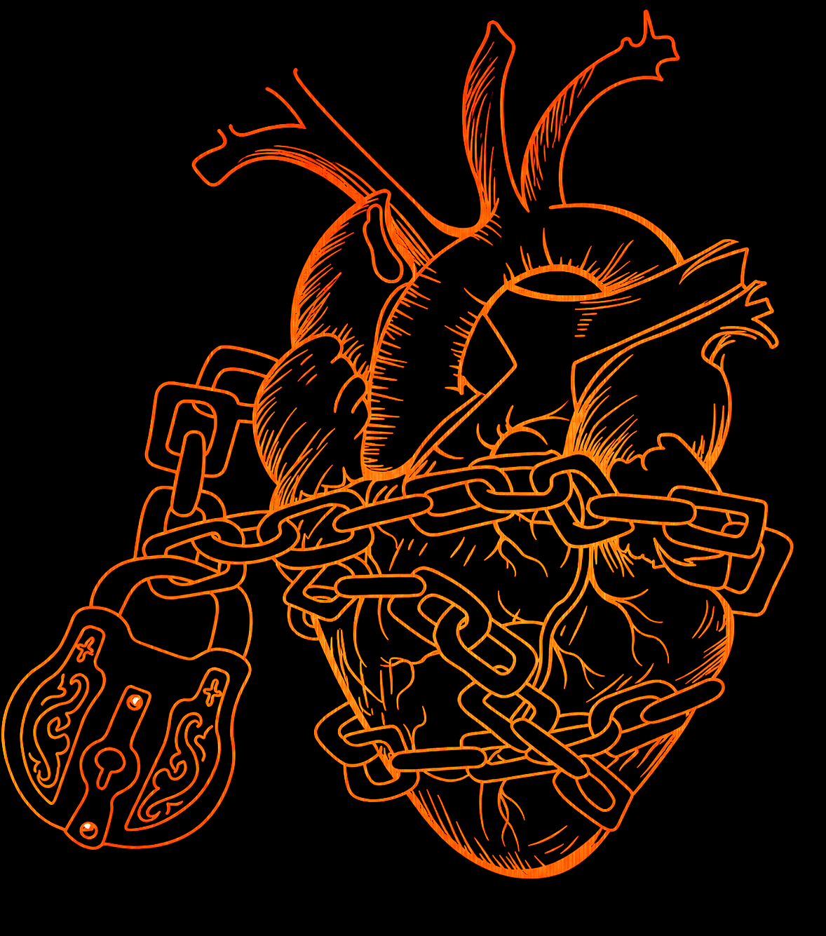 THE CHAINED HEART

This is a drawing that symbolizes emotions that are protected, restricted, or held captive. It is a contrast between the softness of the heart and the cold, rigid metal that creates a striking visual metaphor for love that has been