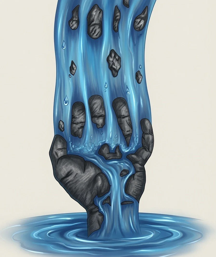 HANDFALL

A quiet yet powerful composition, this piece captures a moment where fragility and strength coexist. A hand reaches upward through a cascading stream, emerging from water, time, and emotion itself. Fragmented pieces drift within the flow, w