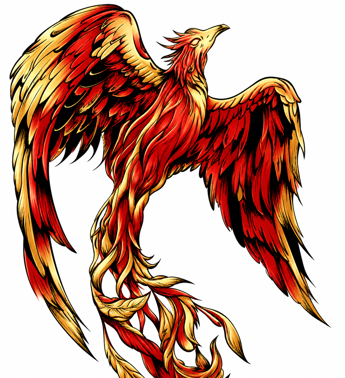 FIREY PHOENIX

A majestic phoenix rises triumphantly as its massive wings fully spread wide in a dramatic display of power and rebirth. Showing the vibrant flames in shades of crimson, gold, and orange. The intricate details in the wing feathers and 