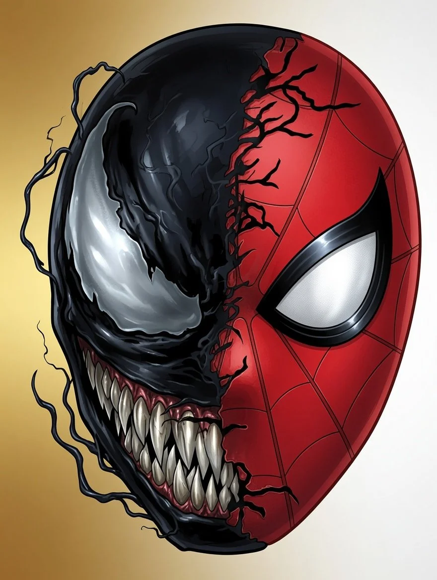 SPIDERVENOM

A striking fusion of identities, this artwork splits a single face into two opposing forces—one side consumed by darkness and raw, monstrous energy, the other defined by structure, control, and heroism. Cracks and veins creep across the 