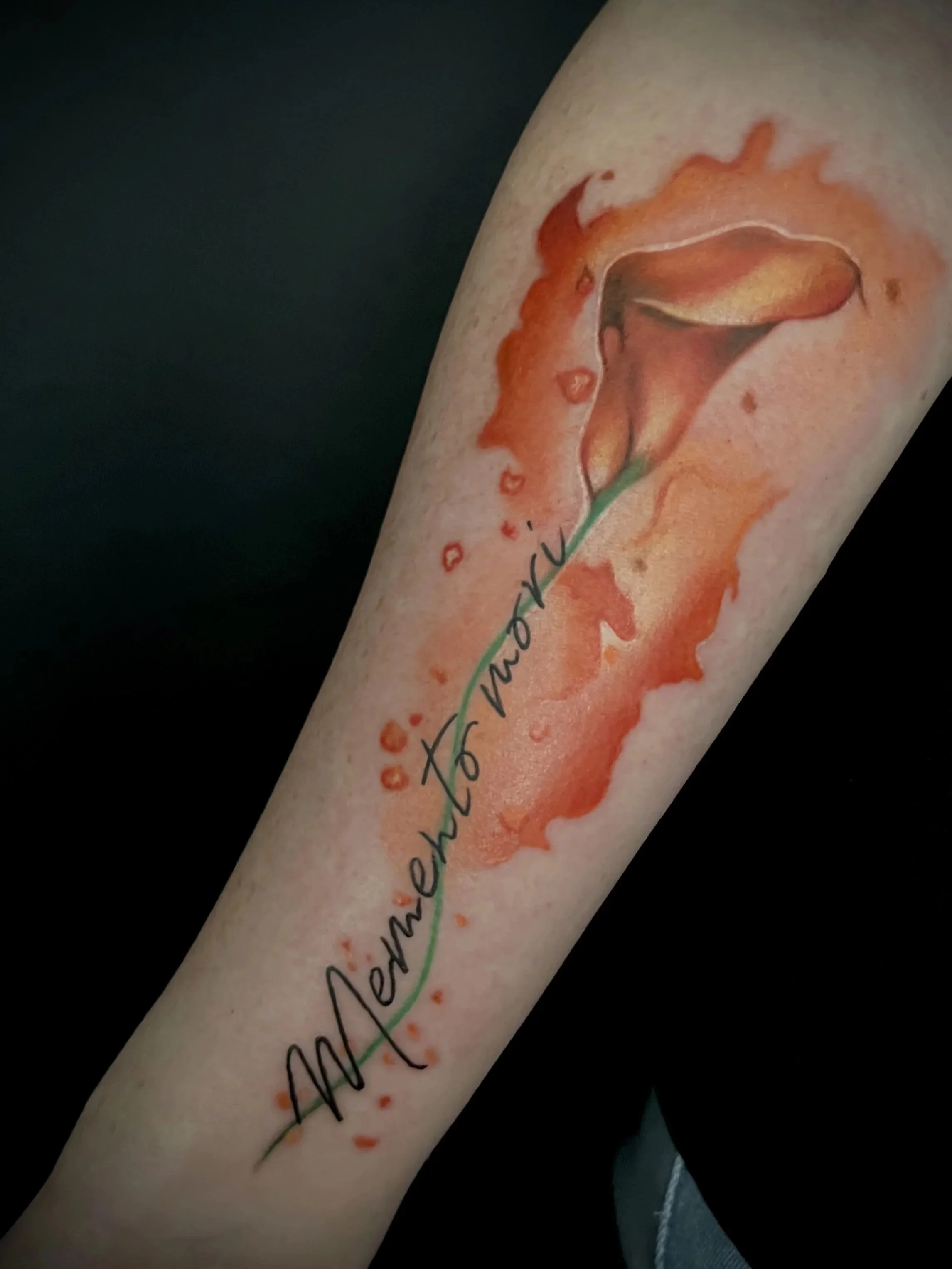 Ein Unterarm mit einer Tattoo-Kunstzeichnung eines leuchtenden roten und orangefarbenen Phoenix und einem schwarzen geschwungenen Schriftzug, der teilweise sichtbar ist.