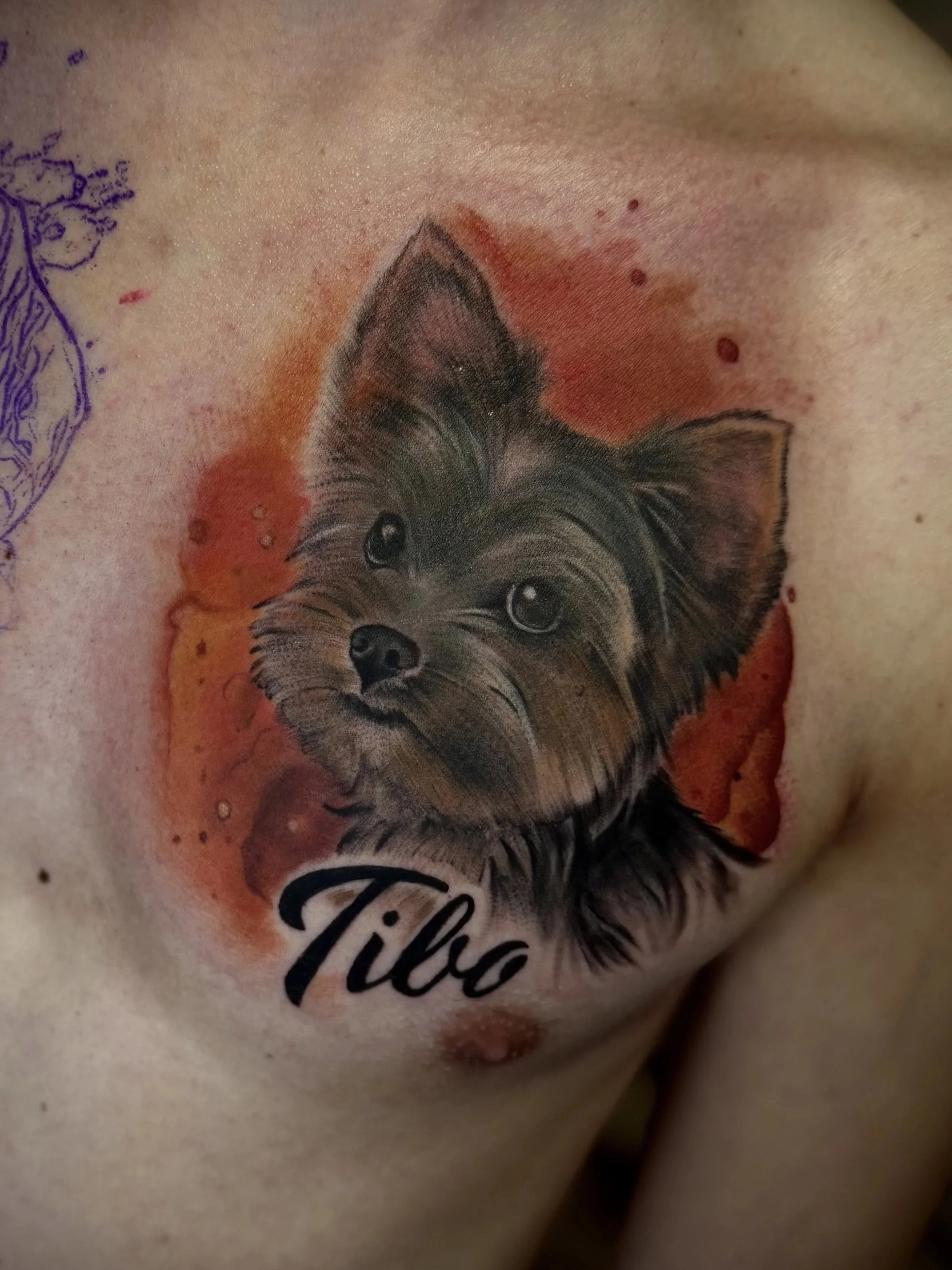 Tattoo eines Welpen mit orangefarbenem Hintergrund und dem Namen 'Tilja' auf der Haut.