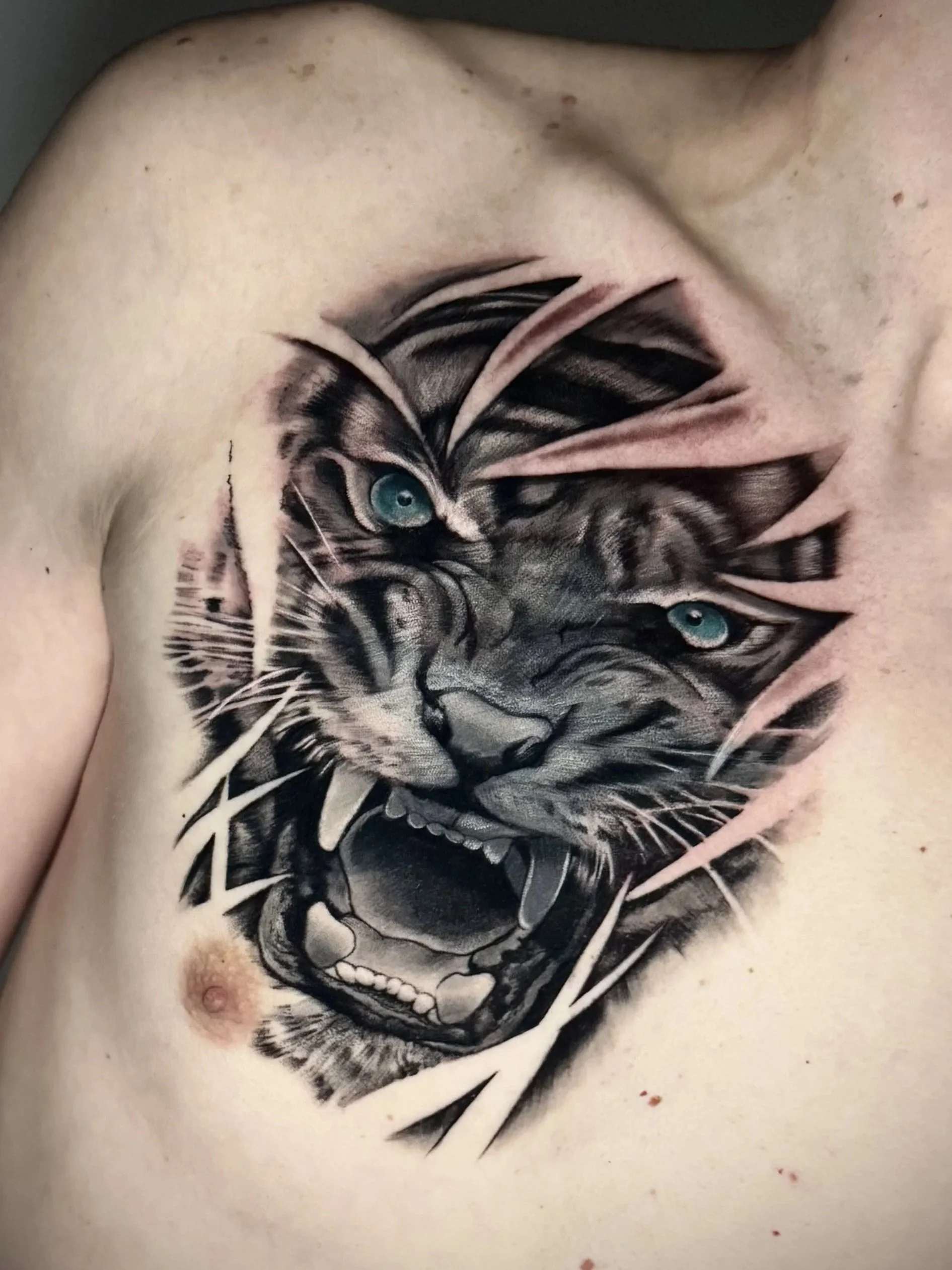Tattoo eines tätowierten Tigers mit blauen Augen auf der Brust.