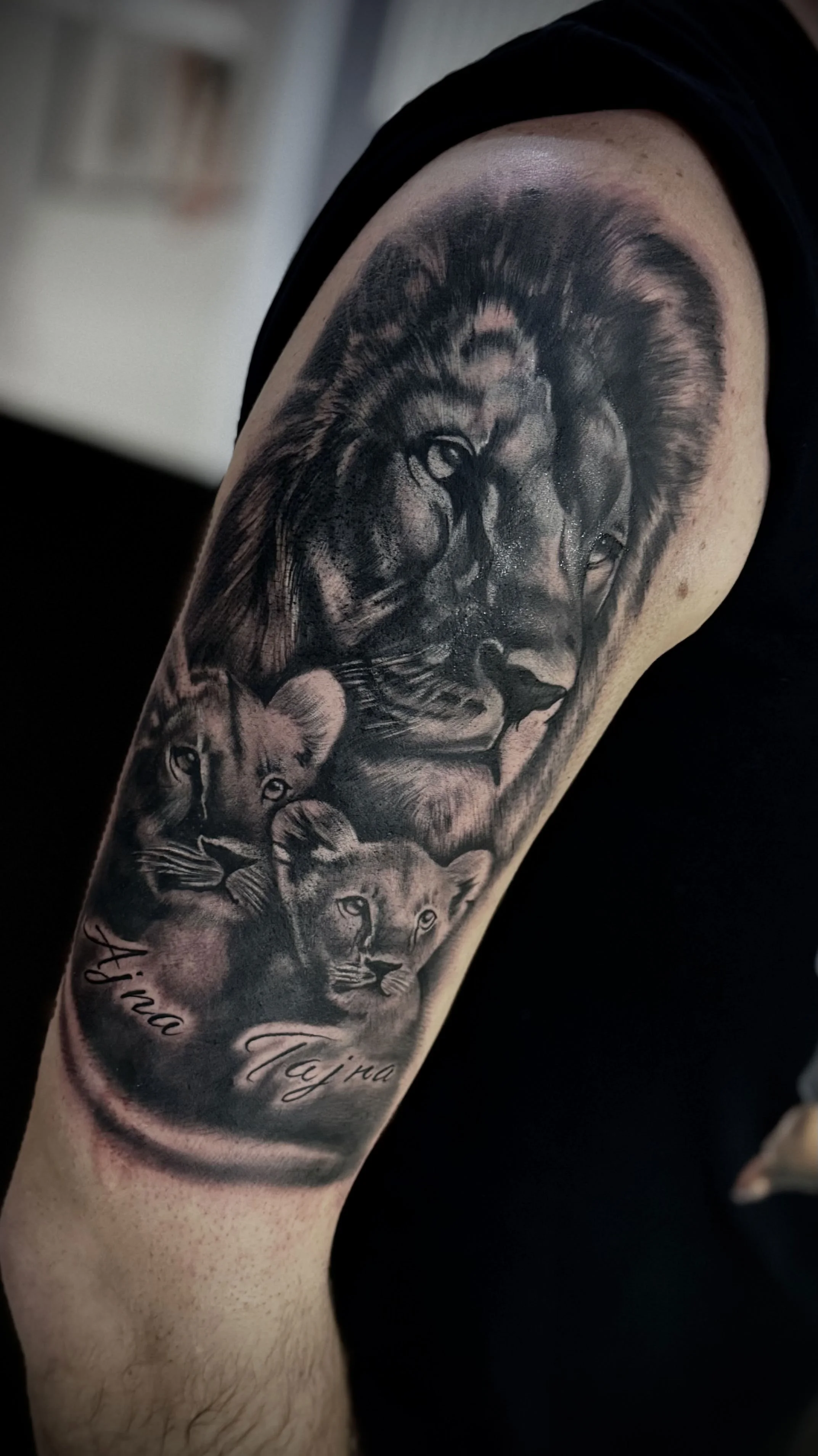 Tattoo eines Löwen und zweier Leoparden auf dem Oberarm, mit der Unterschrift 'Aina Taja'