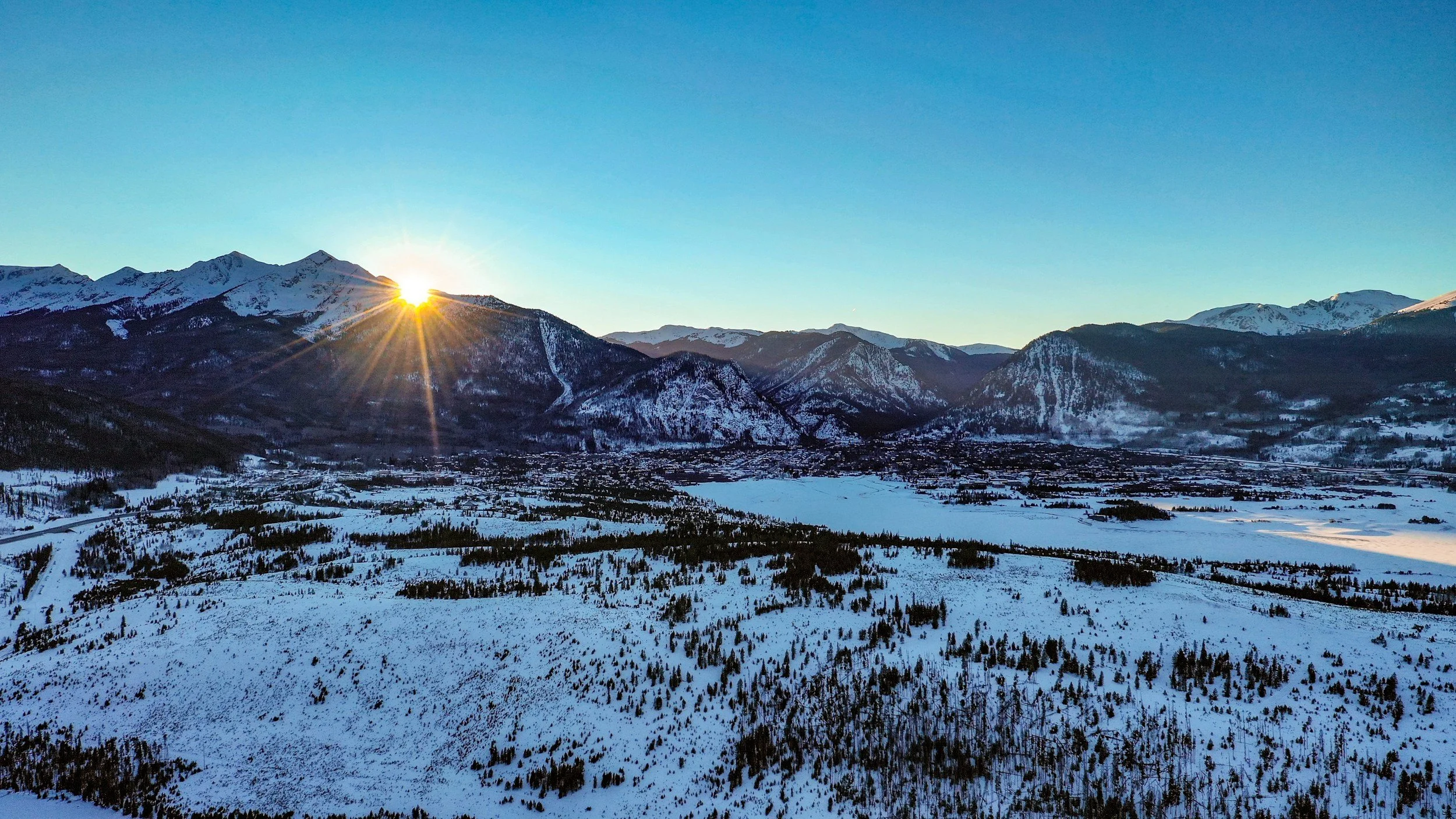 A photo of Peak One and Peak Two near Frisco, Colorado at sunset.