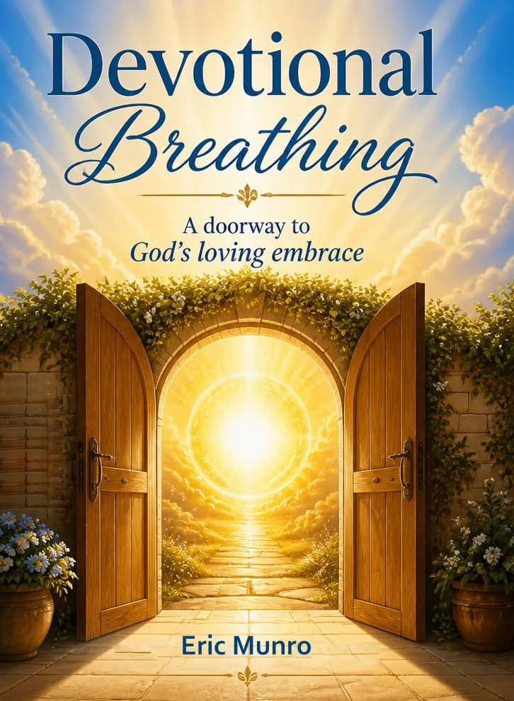 Book cover titled "Devotional Breathing" with a bright, glowing sun and a pathway leading to it through open wooden doors, surrounded by flowers and greenery.