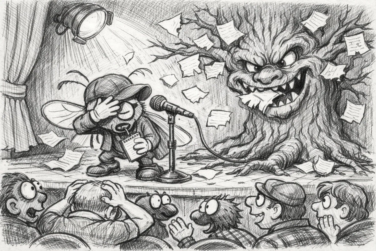 A cartoon sketch of a stage with a fairy with wings, wearing glasses and a hat, speaking into a microphone while reading from a note. Opposite a large, angry, tree-like monster with a face, sharp teeth, and torn paper in its mouth, with torn papers flying around. Four audience members seated in front are reacting with surprise or fear.