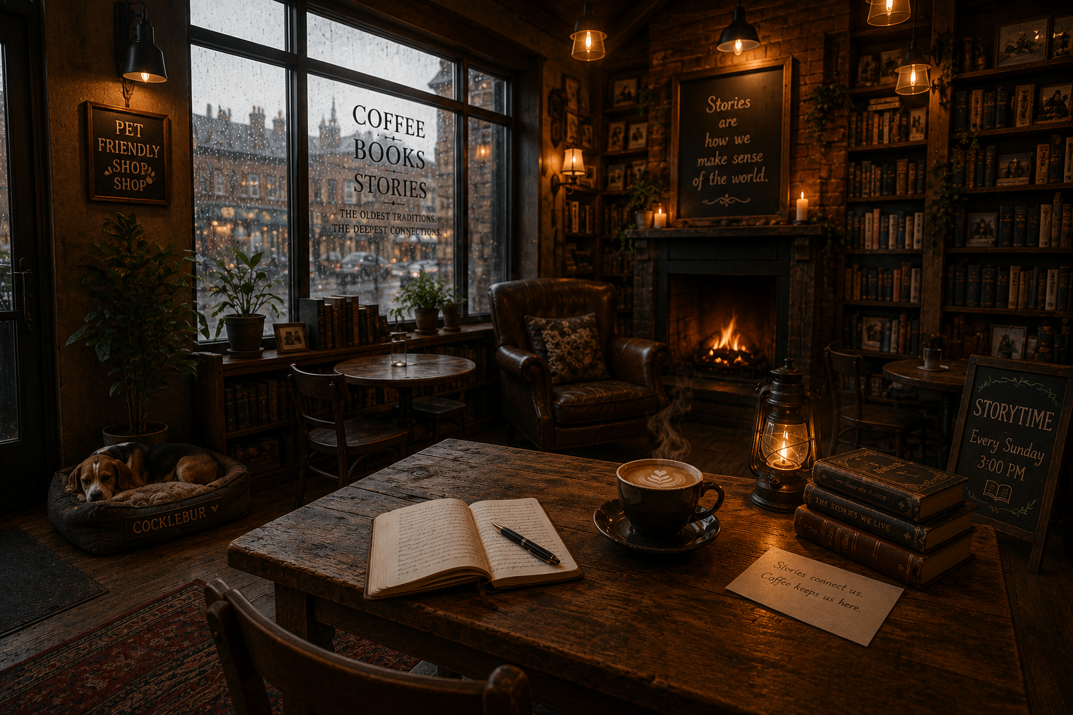 Cozy coffee shop interior with a large window, bookshelf, fireplace, armchair, table with a cup of coffee, open notebook, pen, lantern, and signs about stories, coffee, and book events.